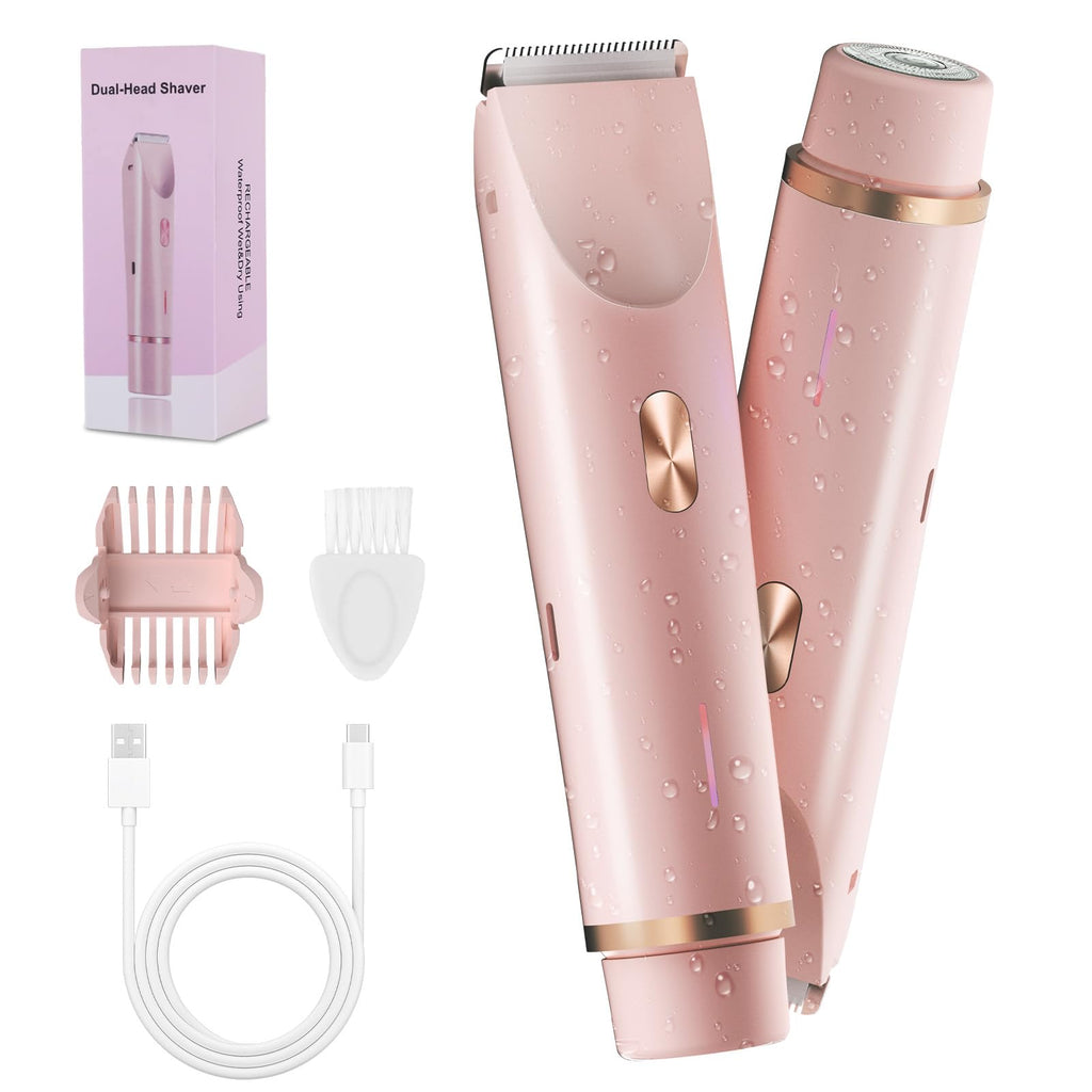 2-in-1 Bikini Trimmer for Women, Bikini Shaver with Dual Heads, Body and Facial Hair Removal, Rechargeable Cordless Electric Razors for Face Chin Pubic Underarm Legs, IPX7 Waterproof, Pink