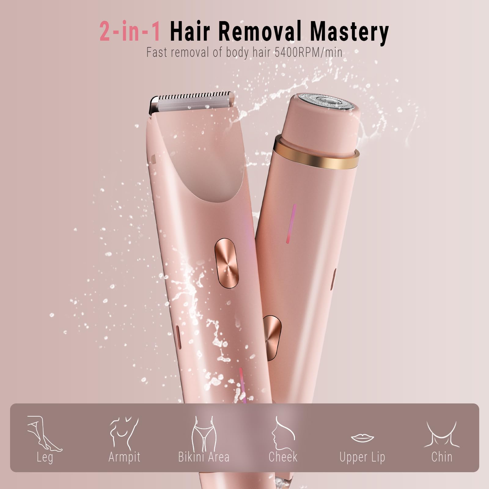 2-in-1 Bikini Trimmer for Women, Bikini Shaver with Dual Heads, Body and Facial Hair Removal, Rechargeable Cordless Electric Razors for Face Chin Pubic Underarm Legs, IPX7 Waterproof, Pink