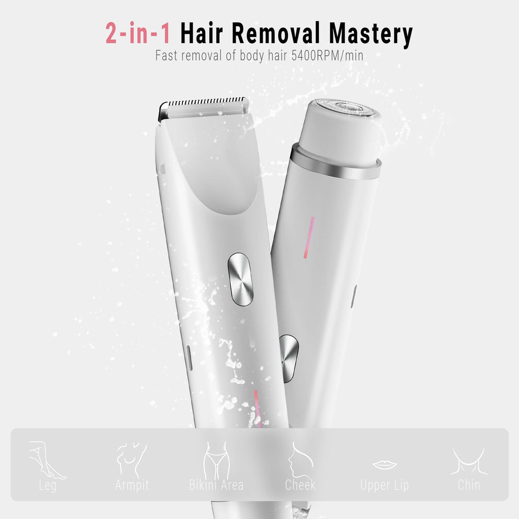 2-in-1 Bikini Trimmer for Women, Bikini Shaver with Dual Heads, Body and Facial Hair Removal, Rechargeable Cordless Electric Razors for Face Chin Pubic Underarm Legs, IPX7 Waterproof, Pink