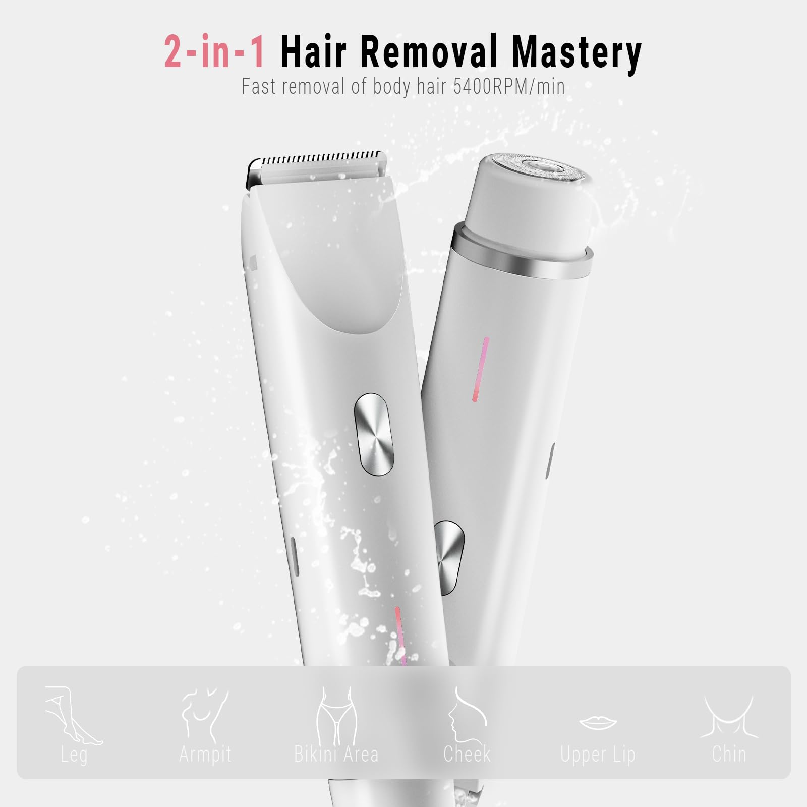 2-in-1 Bikini Trimmer for Women, Bikini Shaver with Dual Heads, Body and Facial Hair Removal, Rechargeable Cordless Electric Razors for Face Chin Pubic Underarm Legs, IPX7 Waterproof, Pink