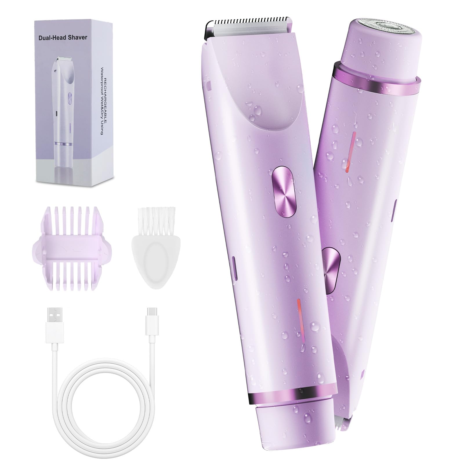 2-in-1 Bikini Trimmer for Women, Bikini Shaver with Dual Heads, Body and Facial Hair Removal, Rechargeable Cordless Electric Razors for Face Chin Pubic Underarm Legs, IPX7 Waterproof, Pink