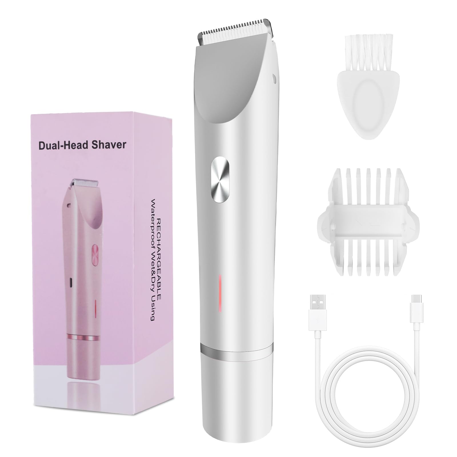 2-in-1 Bikini Trimmer for Women, Bikini Shaver with Dual Heads, Body and Facial Hair Removal, Rechargeable Cordless Electric Razors for Face Chin Pubic Underarm Legs, IPX7 Waterproof, Pink