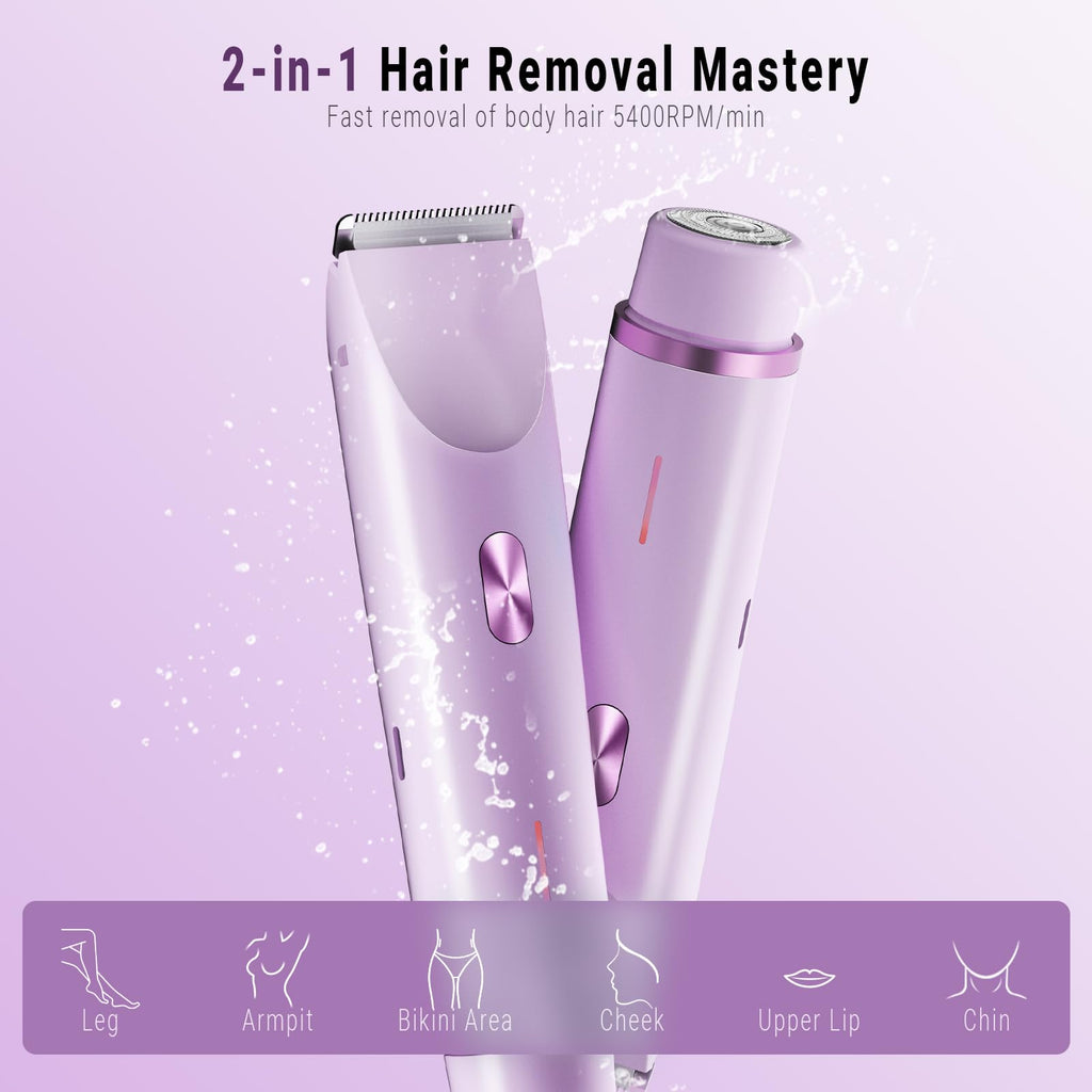 2-in-1 Bikini Trimmer for Women, Bikini Shaver with Dual Heads, Body and Facial Hair Removal, Rechargeable Cordless Electric Razors for Face Chin Pubic Underarm Legs, IPX7 Waterproof, Pink