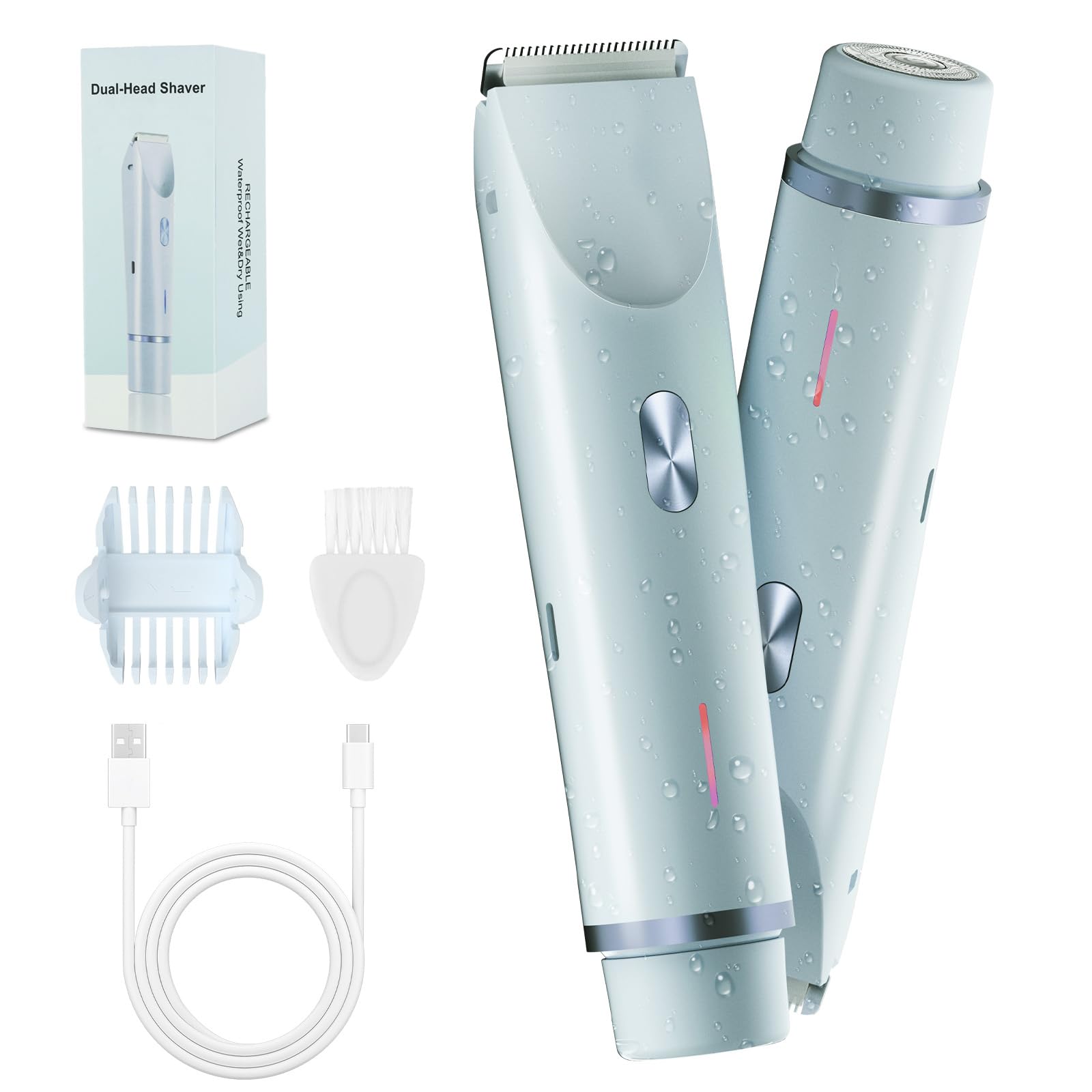 2-in-1 Bikini Trimmer for Women, Bikini Shaver with Dual Heads, Body and Facial Hair Removal, Rechargeable Cordless Electric Razors for Face Chin Pubic Underarm Legs, IPX7 Waterproof, Pink