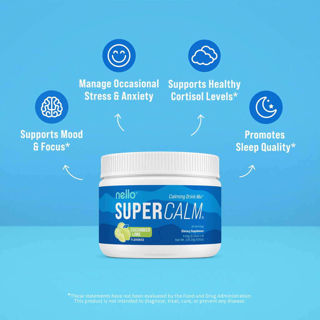 Nello Supercalm Powdered Drink Mix, Cortisol Reducer and Sleep Aid Supplement, L Theanine, Ksm-66 Ashwagandha, Magnesium Glycinate, Vitamin D 3, No Sugar, Non GMO, On The Go, 20 Ct, Raspberry Lemonade