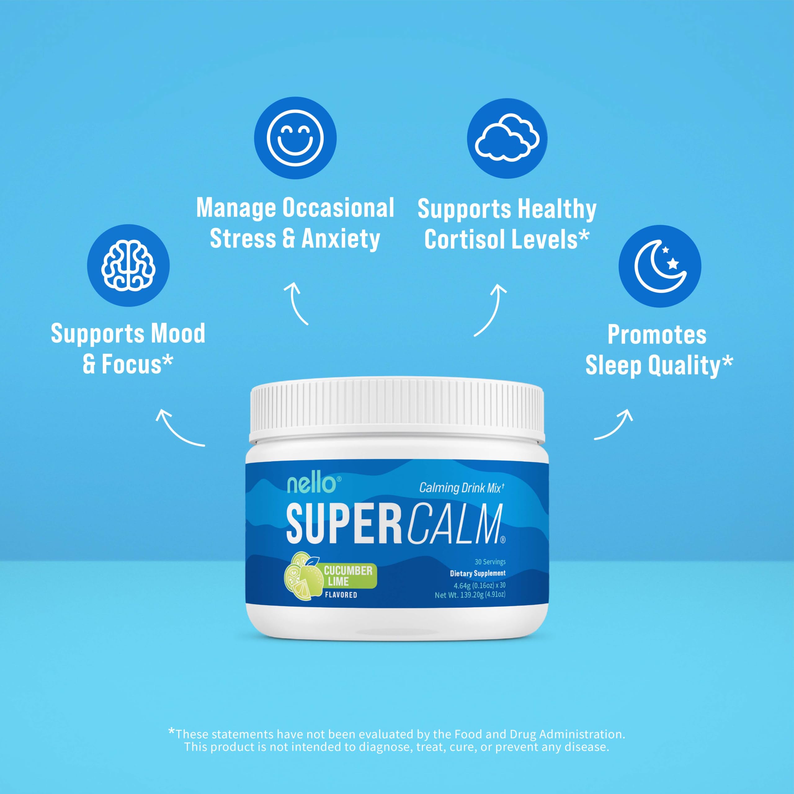 Nello Supercalm Powdered Drink Mix, Cortisol Reducer and Sleep Aid Supplement, L Theanine, Ksm-66 Ashwagandha, Magnesium Glycinate, Vitamin D 3, No Sugar, Non GMO, On The Go, 20 Ct, Raspberry Lemonade