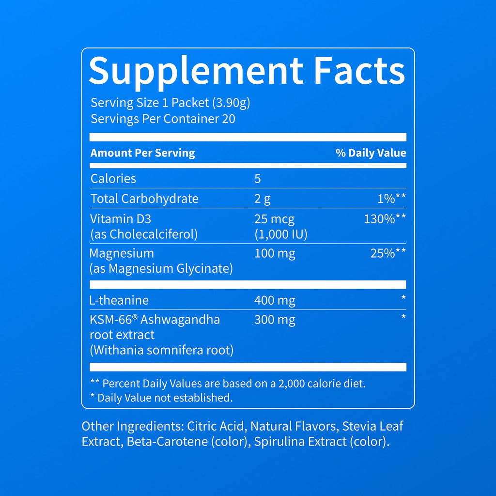 Nello Supercalm Powdered Drink Mix, Cortisol Reducer and Sleep Aid Supplement, L Theanine, Ksm-66 Ashwagandha, Magnesium Glycinate, Vitamin D 3, No Sugar, Non GMO, On The Go, 20 Ct, Raspberry Lemonade