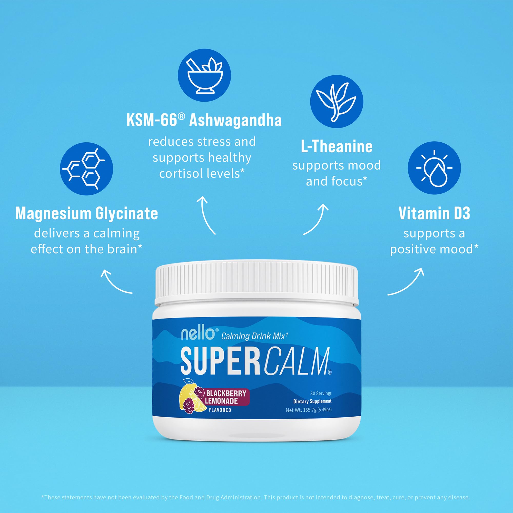 Nello Supercalm Powdered Drink Mix, Cortisol Reducer and Sleep Aid Supplement, L Theanine, Ksm-66 Ashwagandha, Magnesium Glycinate, Vitamin D 3, No Sugar, Non GMO, On The Go, 20 Ct, Raspberry Lemonade