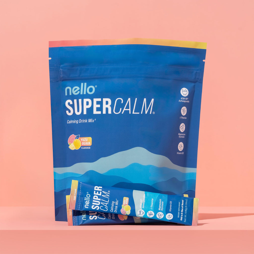 Nello Supercalm Powdered Drink Mix, Cortisol Reducer and Sleep Aid Supplement, L Theanine, Ksm-66 Ashwagandha, Magnesium Glycinate, Vitamin D 3, No Sugar, Non GMO, On The Go, 20 Ct, Raspberry Lemonade