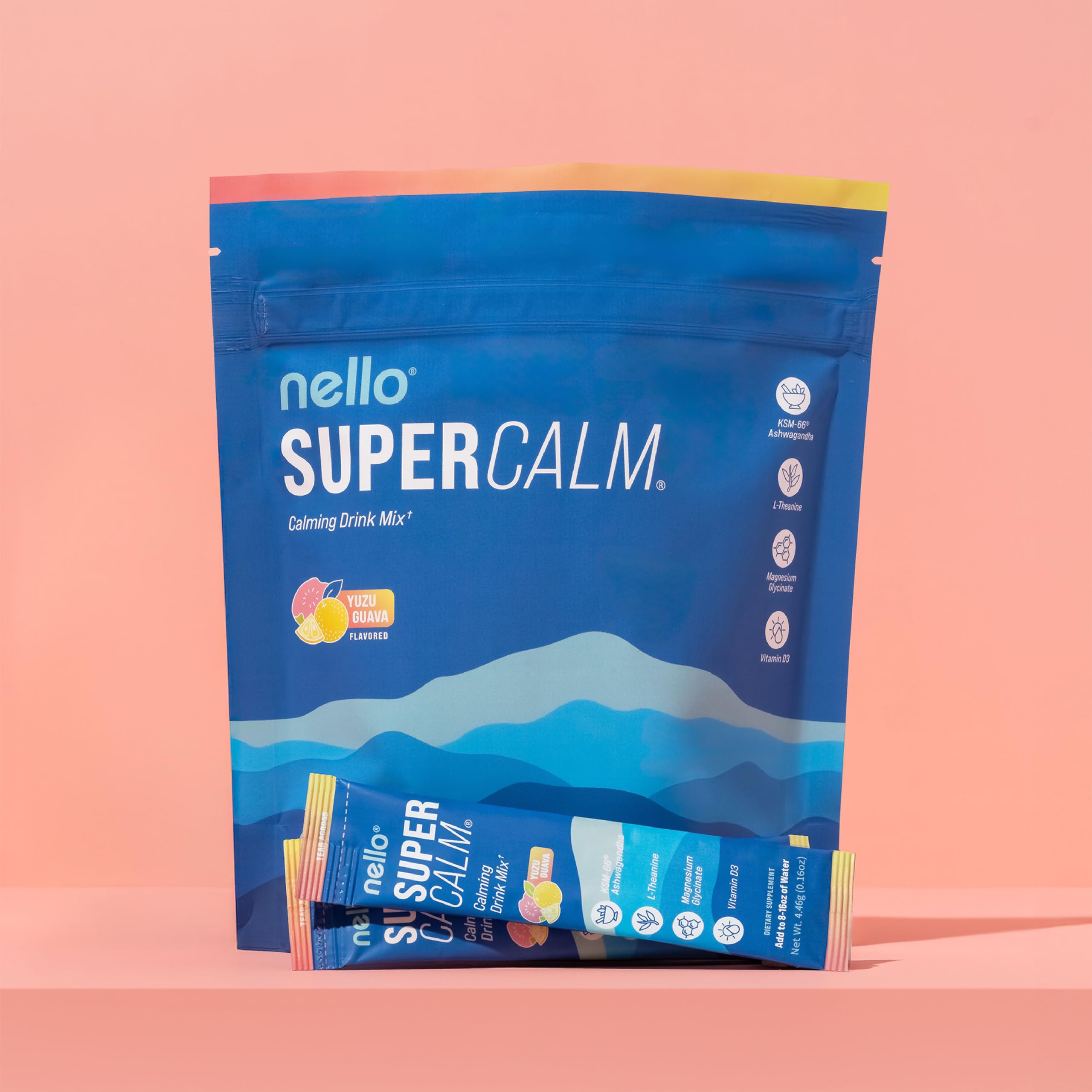 Nello Supercalm Powdered Drink Mix, Cortisol Reducer and Sleep Aid Supplement, L Theanine, Ksm-66 Ashwagandha, Magnesium Glycinate, Vitamin D 3, No Sugar, Non GMO, On The Go, 20 Ct, Raspberry Lemonade
