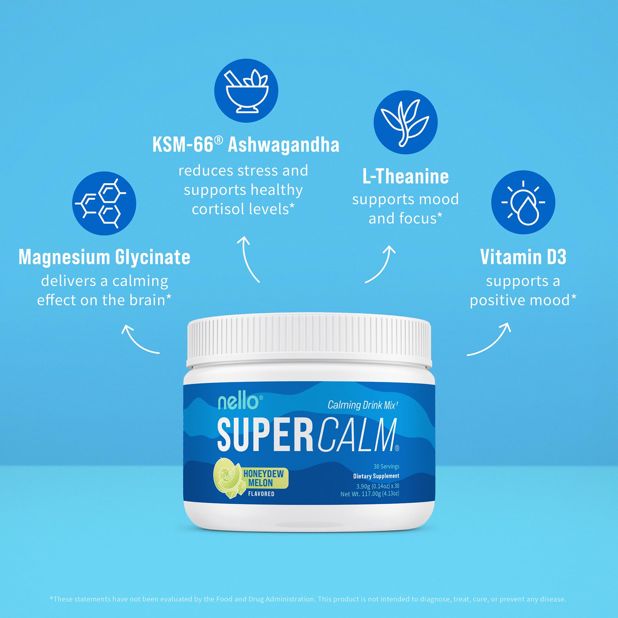 Nello Supercalm Powdered Drink Mix, Cortisol Reducer and Sleep Aid Supplement, L Theanine, Ksm-66 Ashwagandha, Magnesium Glycinate, Vitamin D 3, No Sugar, Non GMO, On The Go, 20 Ct, Raspberry Lemonade
