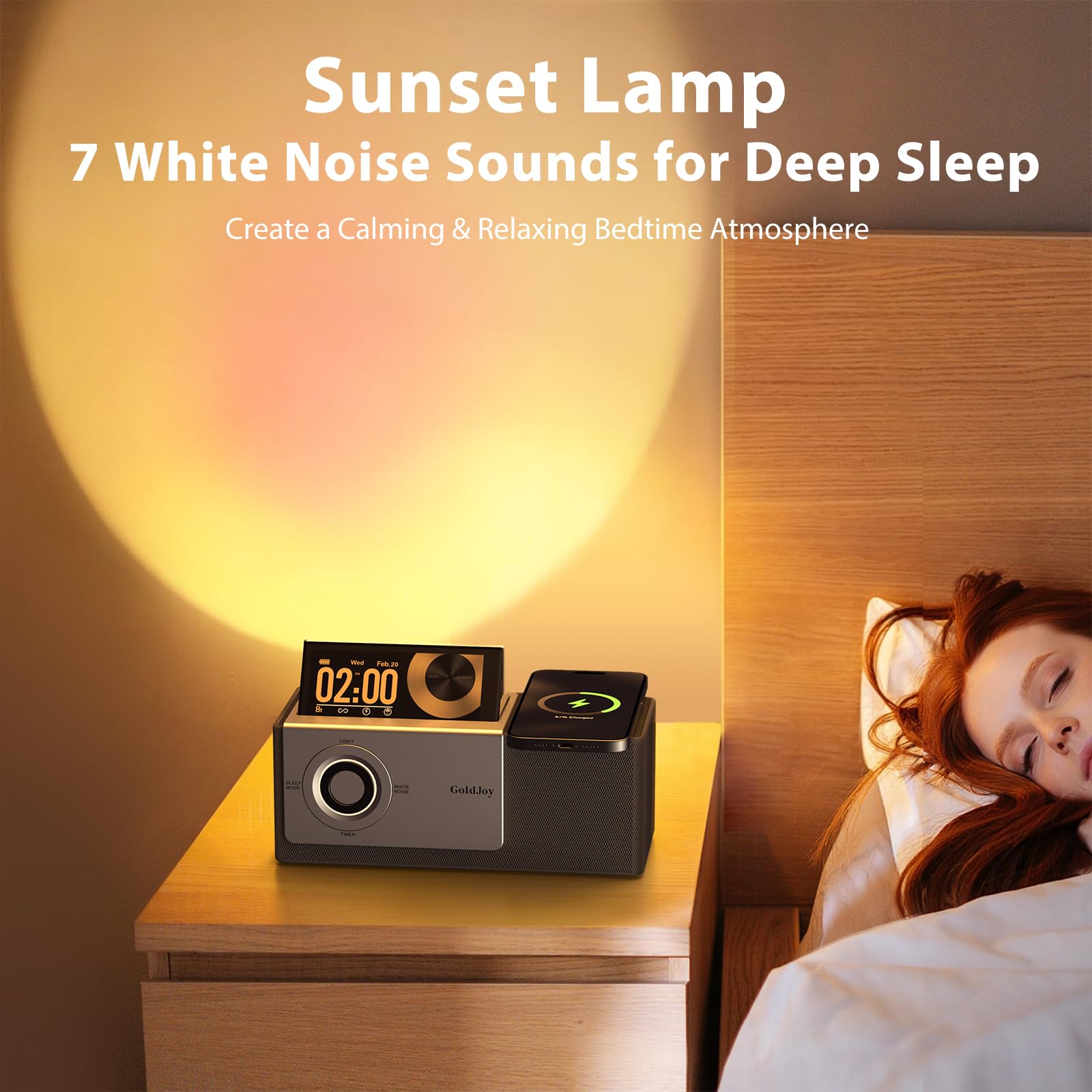 GoldJoy 7-in-1 Bluetooth Speaker Wireless Charging Station, Smart Flip-Up LCD Display Clock Syncs Phone's Time and Date, Sunset Lamp & White Noise for Sleep, 4000mAh Battery for Home, Outdoors