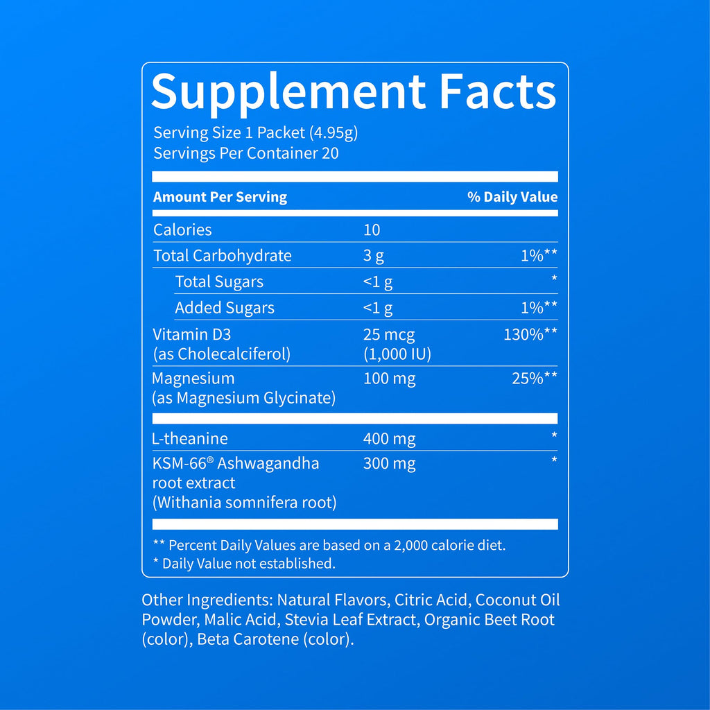 Nello Supercalm Powdered Drink Mix, Cortisol Reducer and Sleep Aid Supplement, L Theanine, Ksm-66 Ashwagandha, Magnesium Glycinate, Vitamin D 3, No Sugar, Non GMO, On The Go, 20 Ct, Raspberry Lemonade