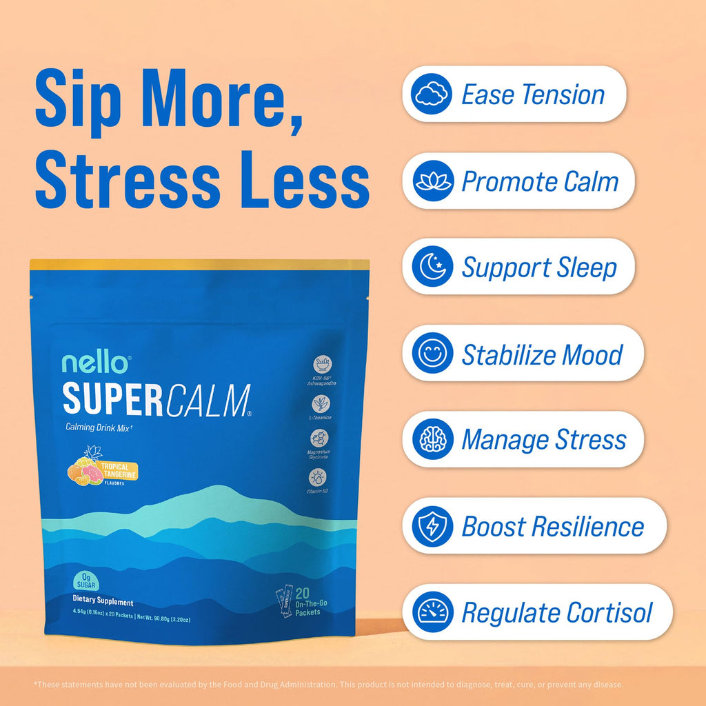 Nello Supercalm Powdered Drink Mix, Cortisol Reducer and Sleep Aid Supplement, L Theanine, Ksm-66 Ashwagandha, Magnesium Glycinate, Vitamin D 3, No Sugar, Non GMO, On The Go, 20 Ct, Raspberry Lemonade