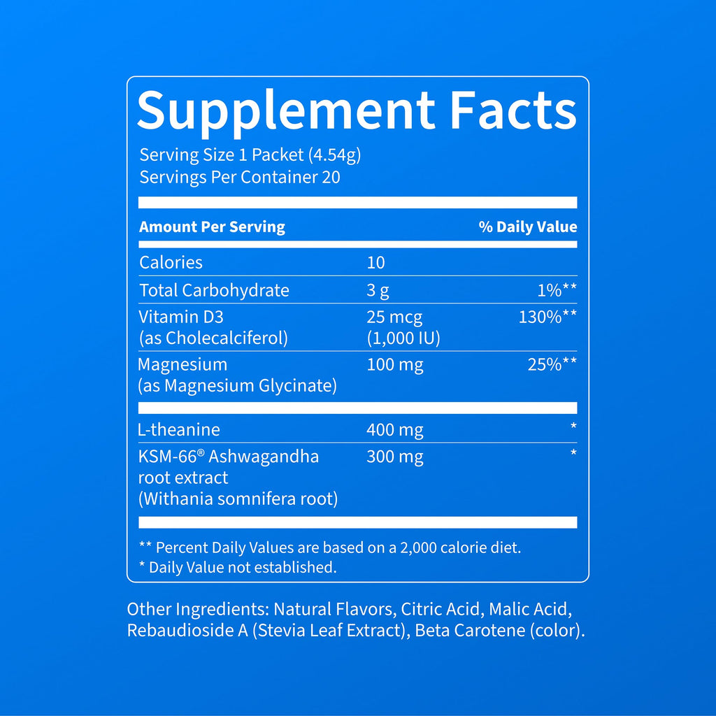 Nello Supercalm Powdered Drink Mix, Cortisol Reducer and Sleep Aid Supplement, L Theanine, Ksm-66 Ashwagandha, Magnesium Glycinate, Vitamin D 3, No Sugar, Non GMO, On The Go, 20 Ct, Raspberry Lemonade