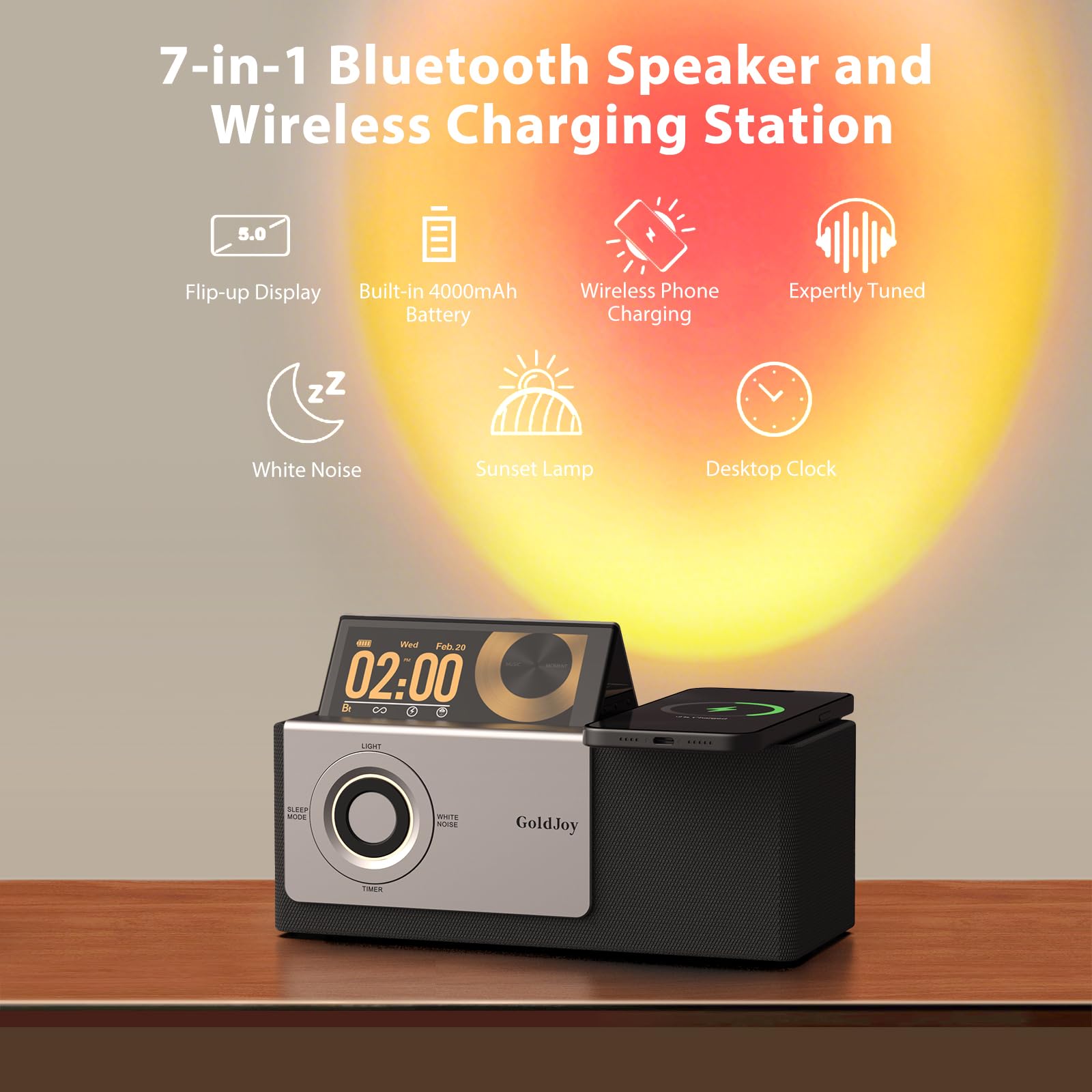 GoldJoy 7-in-1 Bluetooth Speaker Wireless Charging Station, Smart Flip-Up LCD Display Clock Syncs Phone's Time and Date, Sunset Lamp & White Noise for Sleep, 4000mAh Battery for Home, Outdoors