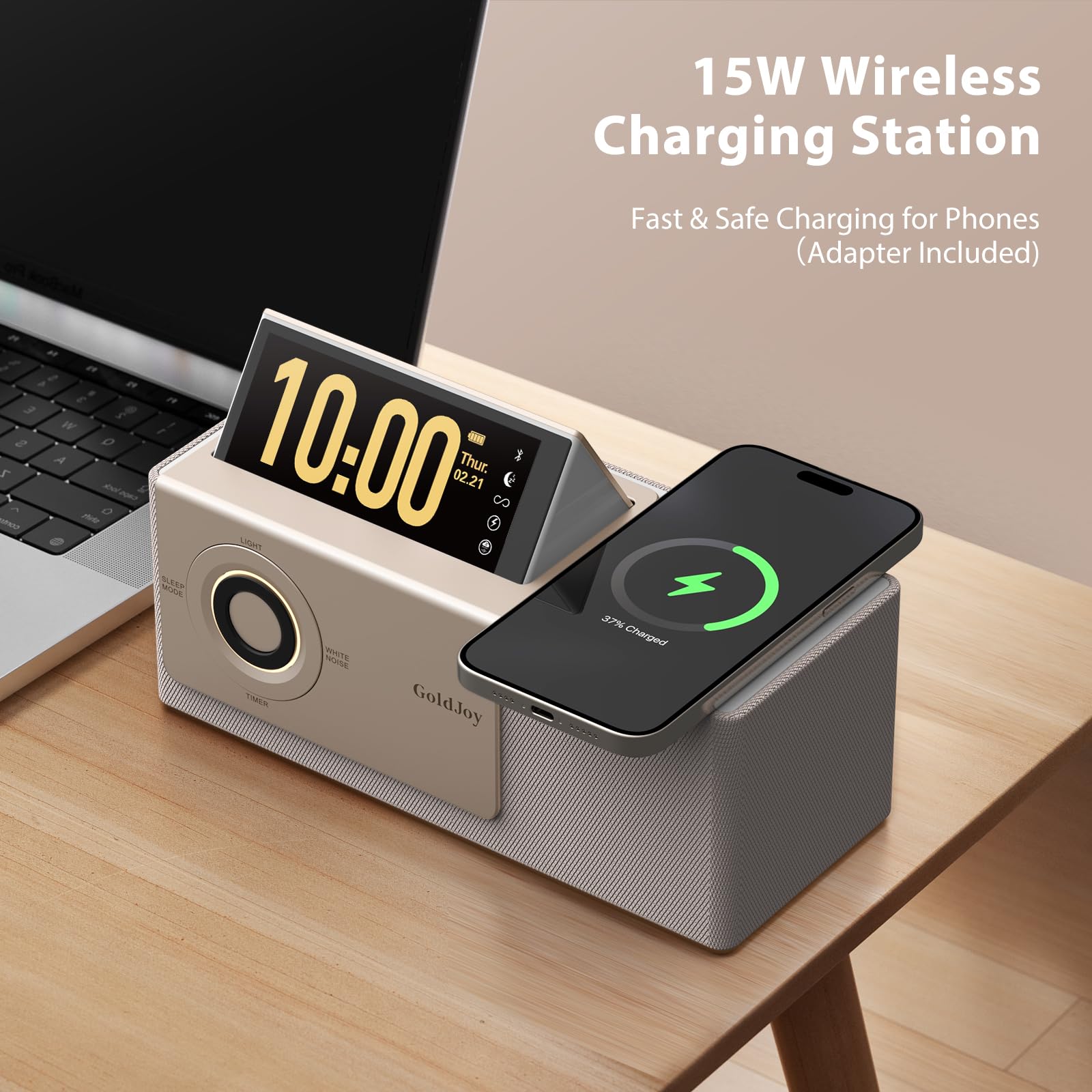 GoldJoy 7-in-1 Bluetooth Speaker Wireless Charging Station, Smart Flip-Up LCD Display Clock Syncs Phone's Time and Date, Sunset Lamp & White Noise for Sleep, 4000mAh Battery for Home, Outdoors