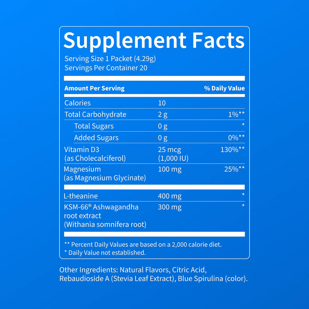 Nello Supercalm Powdered Drink Mix, Cortisol Reducer and Sleep Aid Supplement, L Theanine, Ksm-66 Ashwagandha, Magnesium Glycinate, Vitamin D 3, No Sugar, Non GMO, On The Go, 20 Ct, Raspberry Lemonade