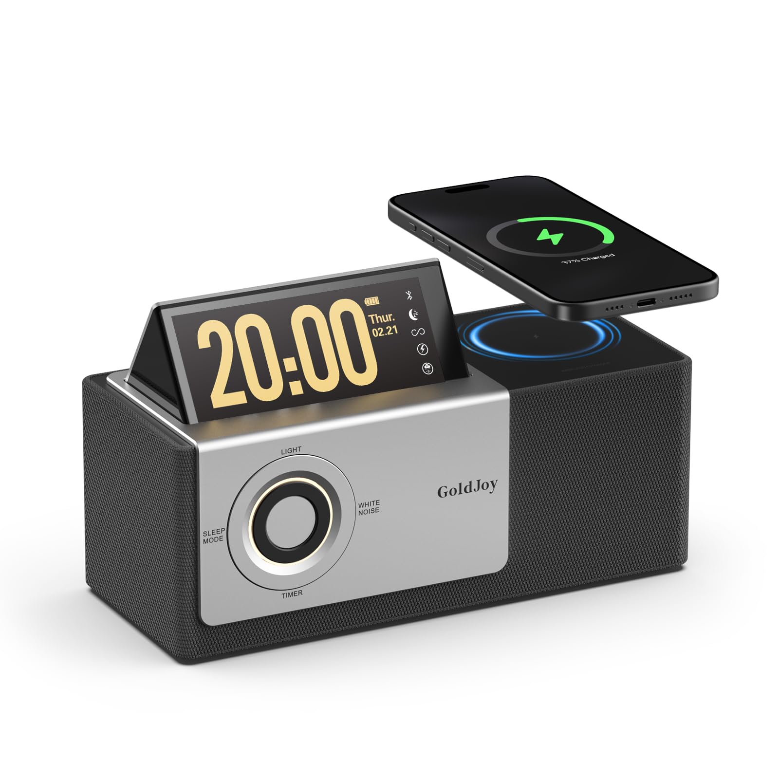 GoldJoy 7-in-1 Bluetooth Speaker Wireless Charging Station, Smart Flip-Up LCD Display Clock Syncs Phone's Time and Date, Sunset Lamp & White Noise for Sleep, 4000mAh Battery for Home, Outdoors