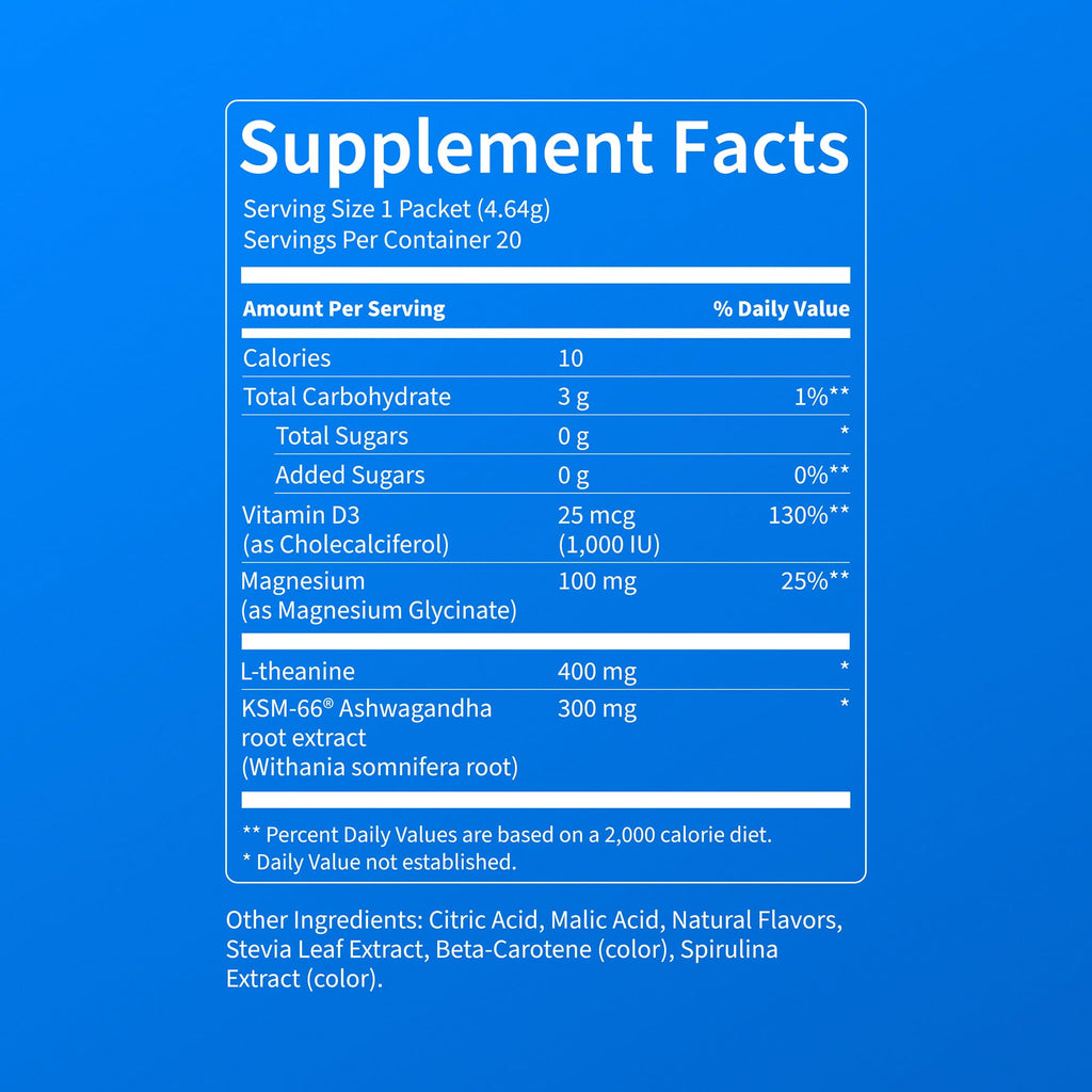 Nello Supercalm Powdered Drink Mix, Cortisol Reducer and Sleep Aid Supplement, L Theanine, Ksm-66 Ashwagandha, Magnesium Glycinate, Vitamin D 3, No Sugar, Non GMO, On The Go, 20 Ct, Raspberry Lemonade
