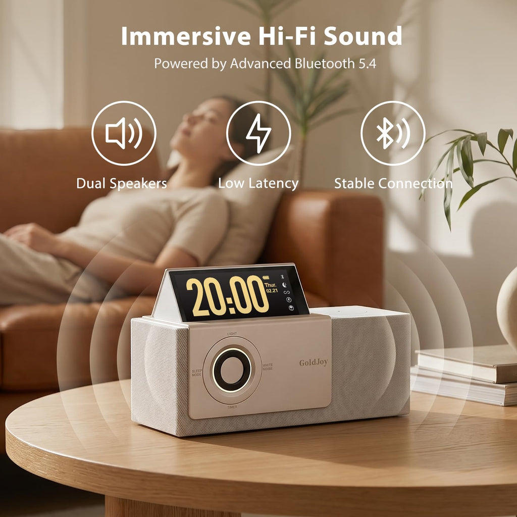 GoldJoy 7-in-1 Bluetooth Speaker Wireless Charging Station, Smart Flip-Up LCD Display Clock Syncs Phone's Time and Date, Sunset Lamp & White Noise for Sleep, 4000mAh Battery for Home, Outdoors