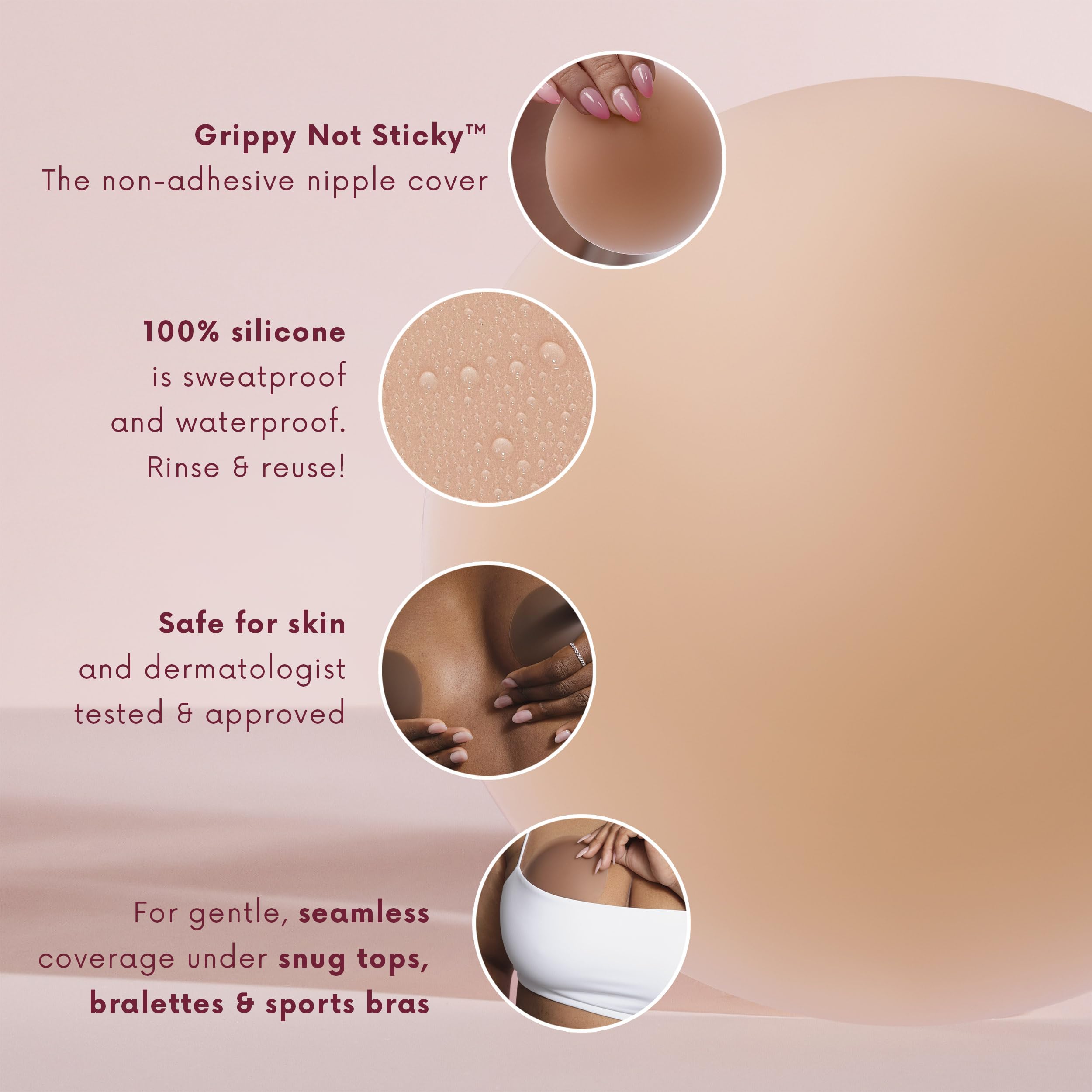 CAKES Body® Grippy Non-Adhesive Silicone Nipple Covers for Women (NO STICKY ADHESIVE) - Reusable, Silicone (Circle)