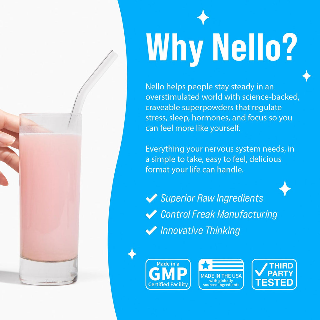 Nello Supercalm Powdered Drink Mix, Cortisol Reducer and Sleep Aid Supplement, L Theanine, Ksm-66 Ashwagandha, Magnesium Glycinate, Vitamin D 3, No Sugar, Non GMO, On The Go, 20 Ct, Raspberry Lemonade