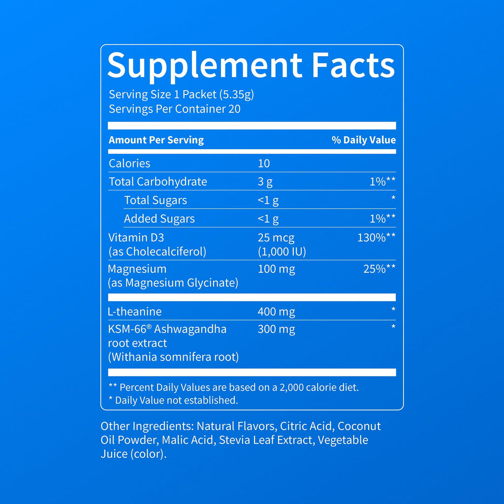 Nello Supercalm Powdered Drink Mix, Cortisol Reducer and Sleep Aid Supplement, L Theanine, Ksm-66 Ashwagandha, Magnesium Glycinate, Vitamin D 3, No Sugar, Non GMO, On The Go, 20 Ct, Raspberry Lemonade