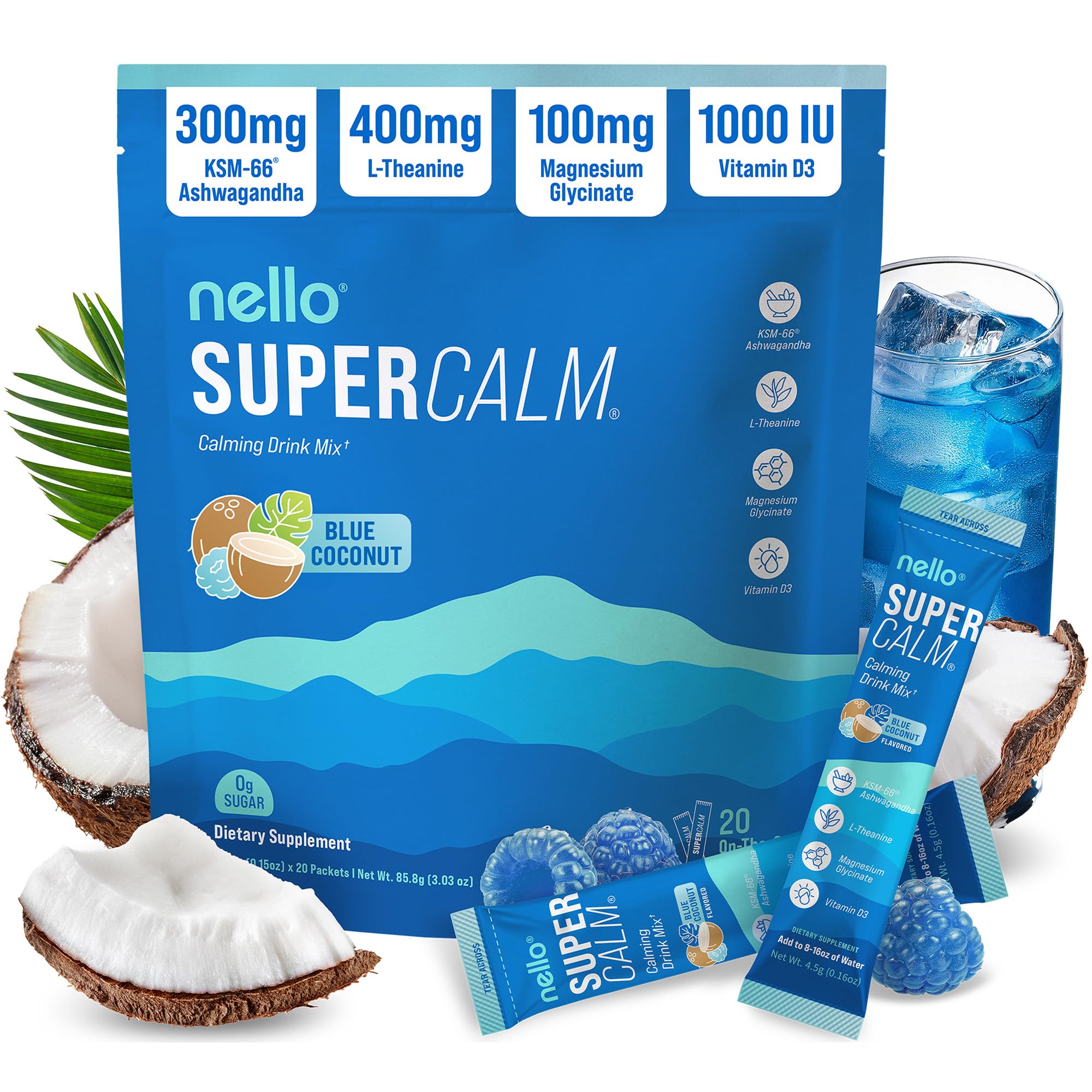 Nello Supercalm Powdered Drink Mix, Cortisol Reducer and Sleep Aid Supplement, L Theanine, Ksm-66 Ashwagandha, Magnesium Glycinate, Vitamin D 3, No Sugar, Non GMO, On The Go, 20 Ct, Raspberry Lemonade