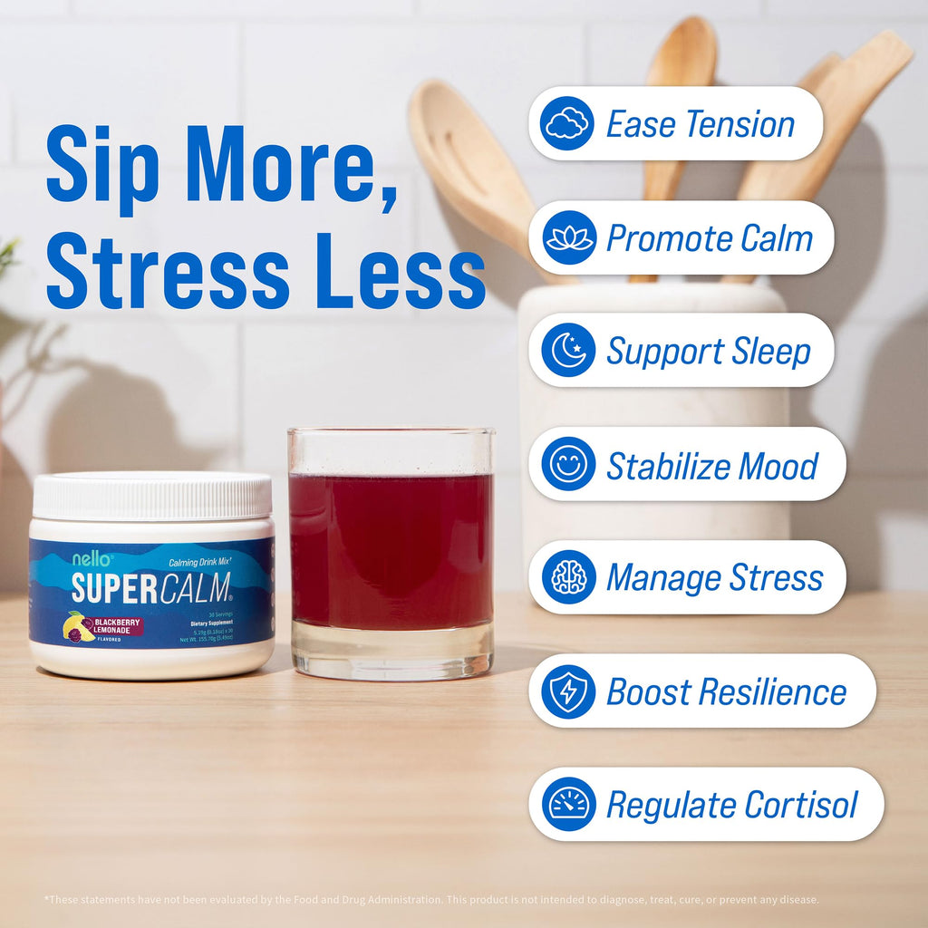 Nello Supercalm Powdered Drink Mix, Cortisol Reducer and Sleep Aid Supplement, L Theanine, Ksm-66 Ashwagandha, Magnesium Glycinate, Vitamin D 3, No Sugar, Non GMO, On The Go, 20 Ct, Raspberry Lemonade