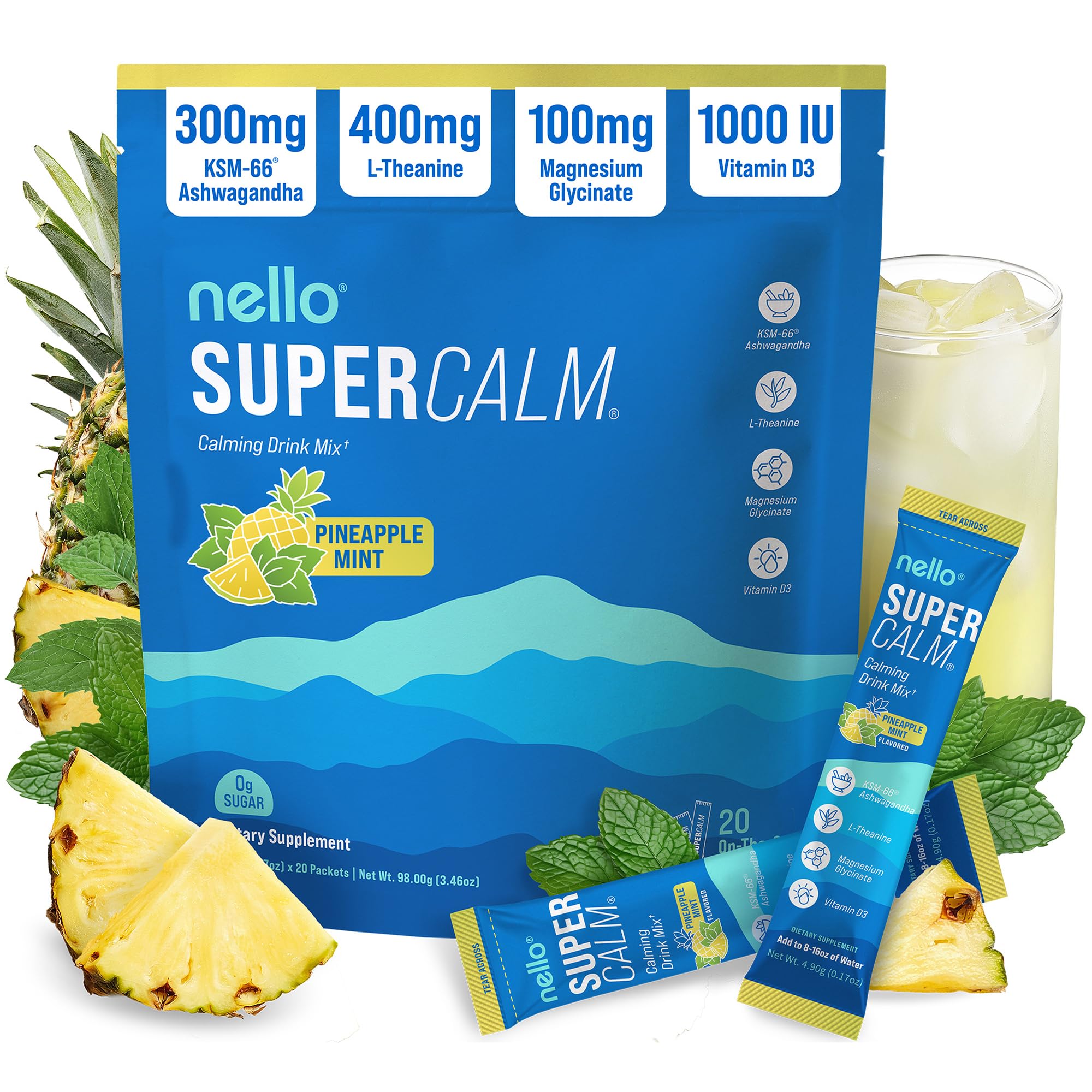 Nello Supercalm Powdered Drink Mix, Cortisol Reducer and Sleep Aid Supplement, L Theanine, Ksm-66 Ashwagandha, Magnesium Glycinate, Vitamin D 3, No Sugar, Non GMO, On The Go, 20 Ct, Raspberry Lemonade