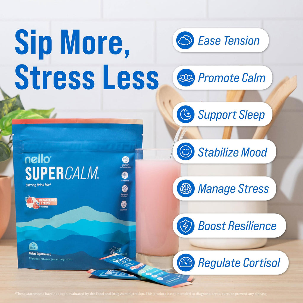 Nello Supercalm Powdered Drink Mix, Cortisol Reducer and Sleep Aid Supplement, L Theanine, Ksm-66 Ashwagandha, Magnesium Glycinate, Vitamin D 3, No Sugar, Non GMO, On The Go, 20 Ct, Raspberry Lemonade