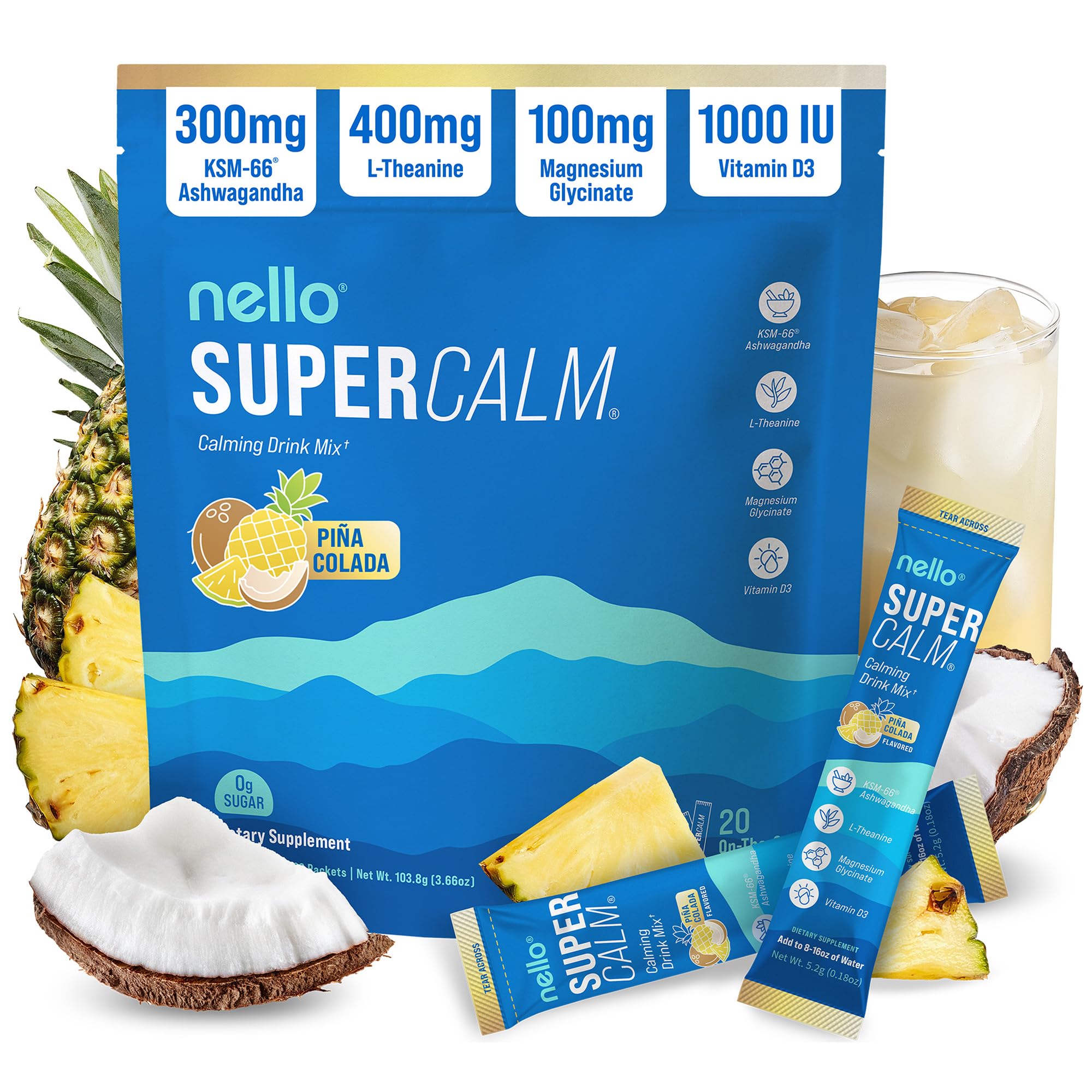 Nello Supercalm Powdered Drink Mix, Cortisol Reducer and Sleep Aid Supplement, L Theanine, Ksm-66 Ashwagandha, Magnesium Glycinate, Vitamin D 3, No Sugar, Non GMO, On The Go, 20 Ct, Raspberry Lemonade