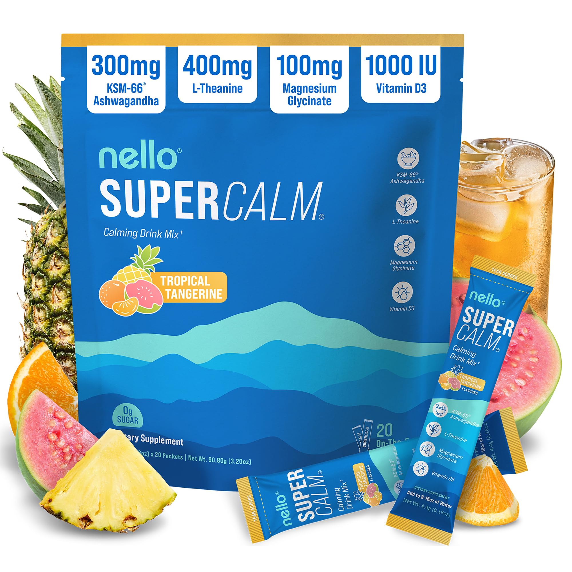 Nello Supercalm Powdered Drink Mix, Cortisol Reducer and Sleep Aid Supplement, L Theanine, Ksm-66 Ashwagandha, Magnesium Glycinate, Vitamin D 3, No Sugar, Non GMO, On The Go, 20 Ct, Raspberry Lemonade