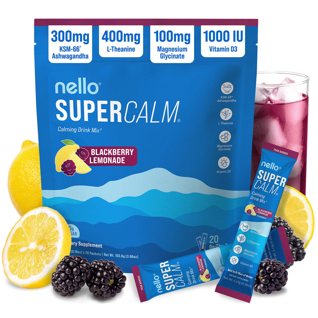 Nello Supercalm Powdered Drink Mix, Cortisol Reducer and Sleep Aid Supplement, L Theanine, Ksm-66 Ashwagandha, Magnesium Glycinate, Vitamin D 3, No Sugar, Non GMO, On The Go, 20 Ct, Raspberry Lemonade
