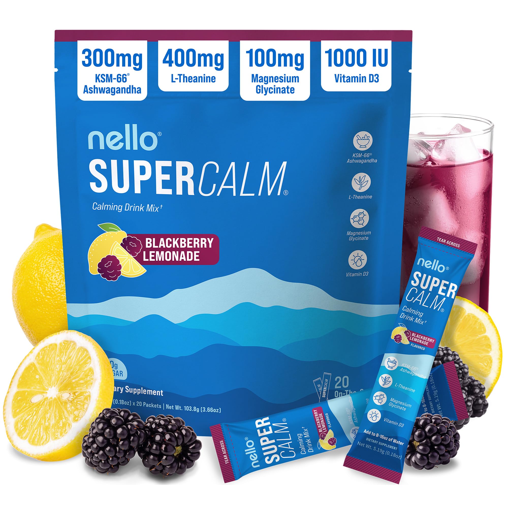 Nello Supercalm Powdered Drink Mix, Cortisol Reducer and Sleep Aid Supplement, L Theanine, Ksm-66 Ashwagandha, Magnesium Glycinate, Vitamin D 3, No Sugar, Non GMO, On The Go, 20 Ct, Raspberry Lemonade