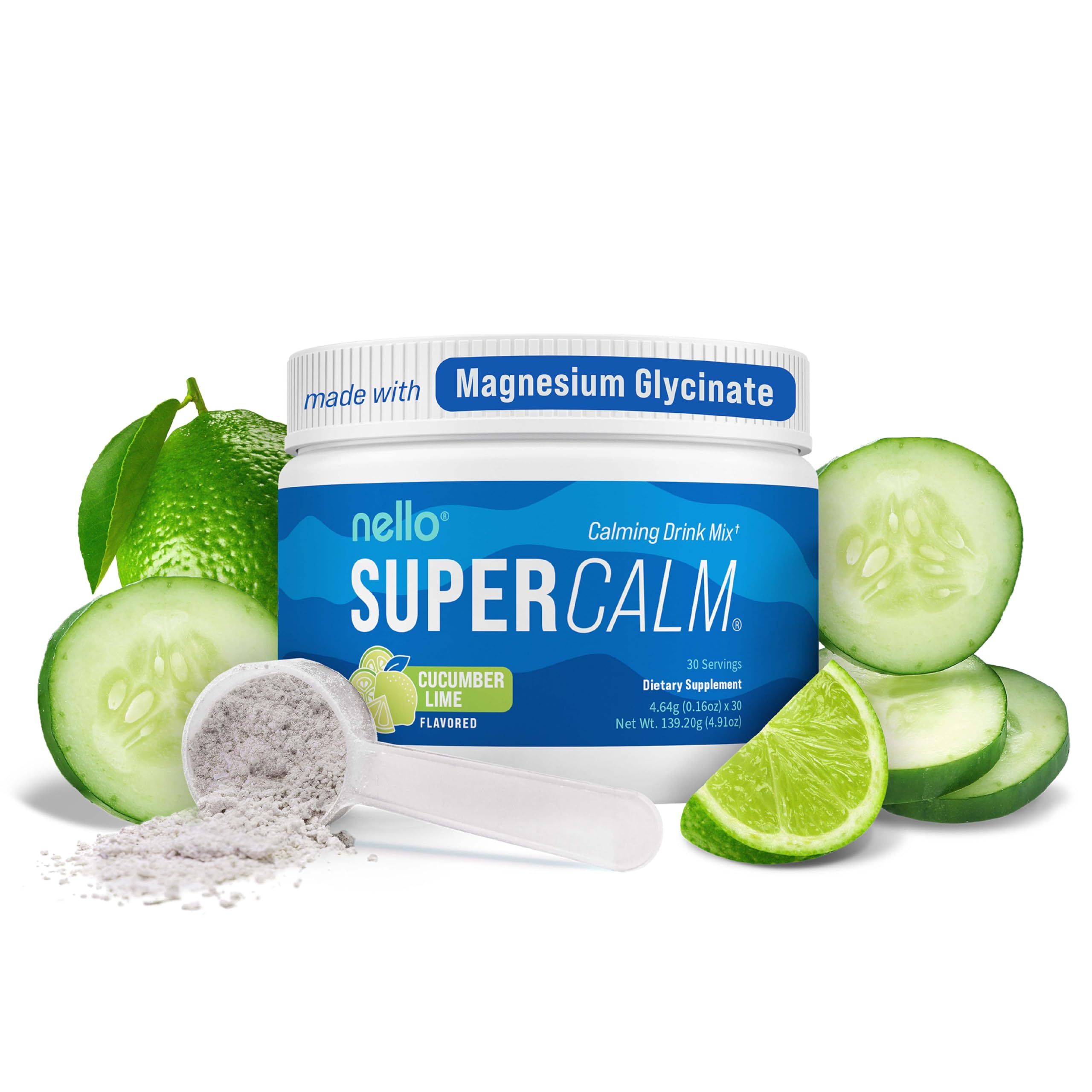 Nello Supercalm Powdered Drink Mix, Cortisol Reducer and Sleep Aid Supplement, L Theanine, Ksm-66 Ashwagandha, Magnesium Glycinate, Vitamin D 3, No Sugar, Non GMO, On The Go, 20 Ct, Raspberry Lemonade