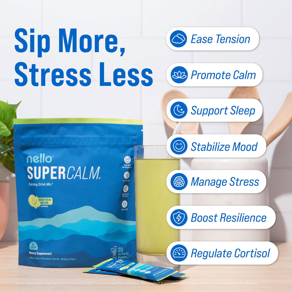 Nello Supercalm Powdered Drink Mix, Cortisol Reducer and Sleep Aid Supplement, L Theanine, Ksm-66 Ashwagandha, Magnesium Glycinate, Vitamin D 3, No Sugar, Non GMO, On The Go, 20 Ct, Raspberry Lemonade