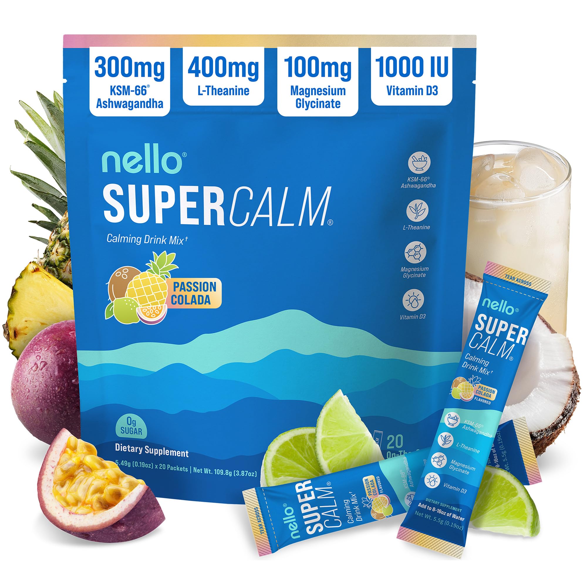 Nello Supercalm Powdered Drink Mix, Cortisol Reducer and Sleep Aid Supplement, L Theanine, Ksm-66 Ashwagandha, Magnesium Glycinate, Vitamin D 3, No Sugar, Non GMO, On The Go, 20 Ct, Raspberry Lemonade