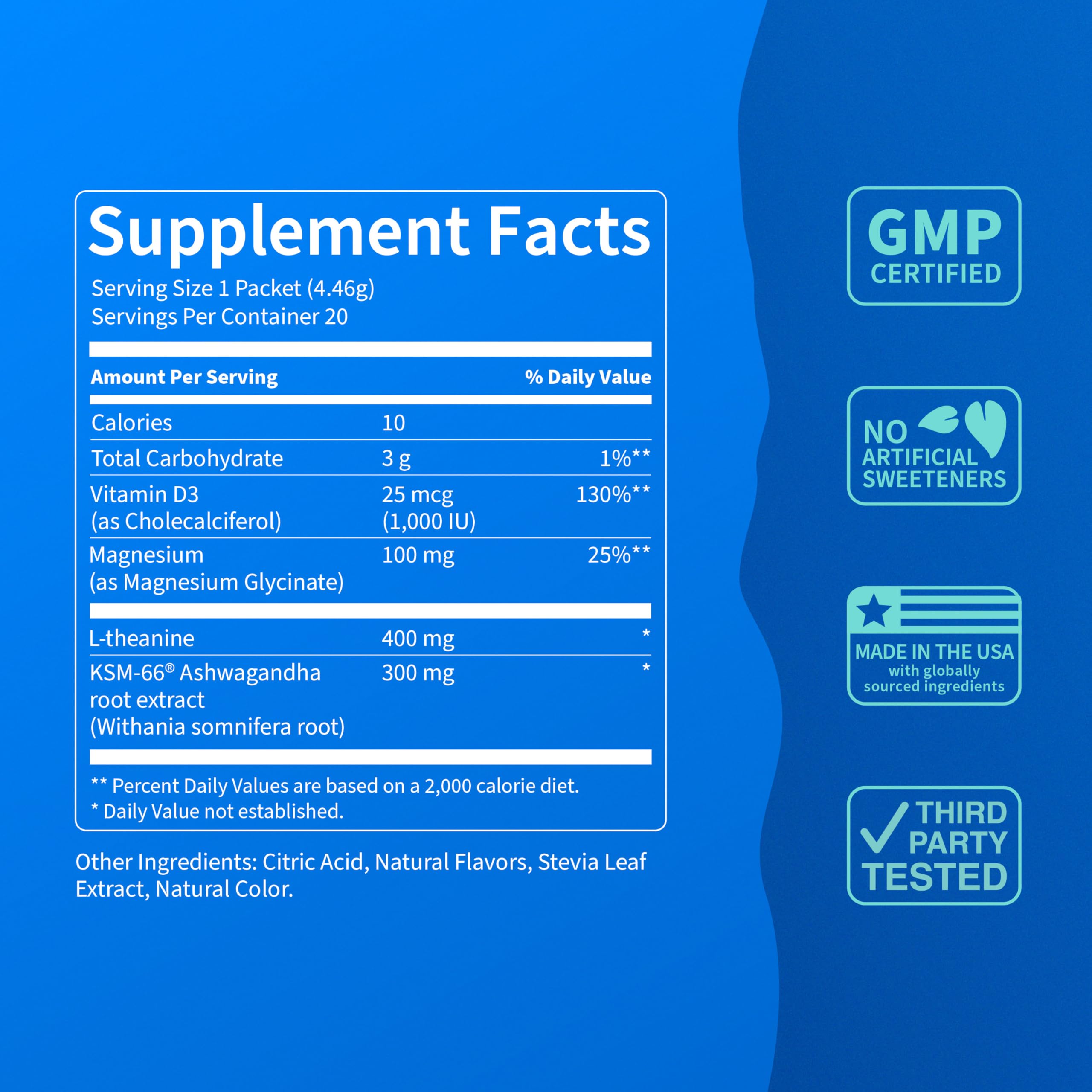 Nello Supercalm Powdered Drink Mix, Cortisol Reducer and Sleep Aid Supplement, L Theanine, Ksm-66 Ashwagandha, Magnesium Glycinate, Vitamin D 3, No Sugar, Non GMO, On The Go, 20 Ct, Raspberry Lemonade