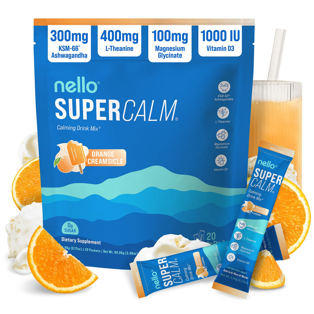 Nello Supercalm Powdered Drink Mix, Cortisol Reducer and Sleep Aid Supplement, L Theanine, Ksm-66 Ashwagandha, Magnesium Glycinate, Vitamin D 3, No Sugar, Non GMO, On The Go, 20 Ct, Raspberry Lemonade