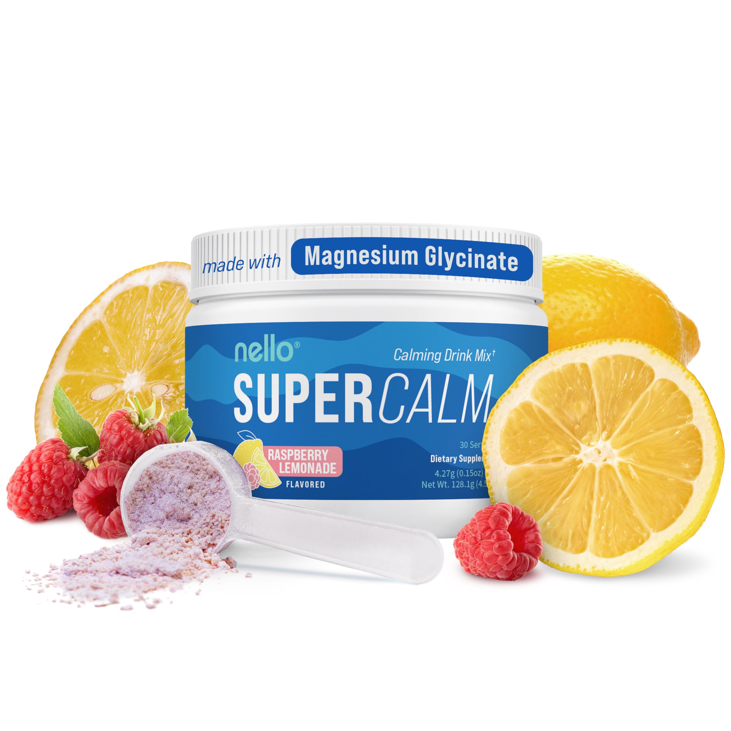Nello Supercalm Powdered Drink Mix, Cortisol Reducer and Sleep Aid Supplement, L Theanine, Ksm-66 Ashwagandha, Magnesium Glycinate, Vitamin D 3, No Sugar, Non GMO, On The Go, 20 Ct, Raspberry Lemonade