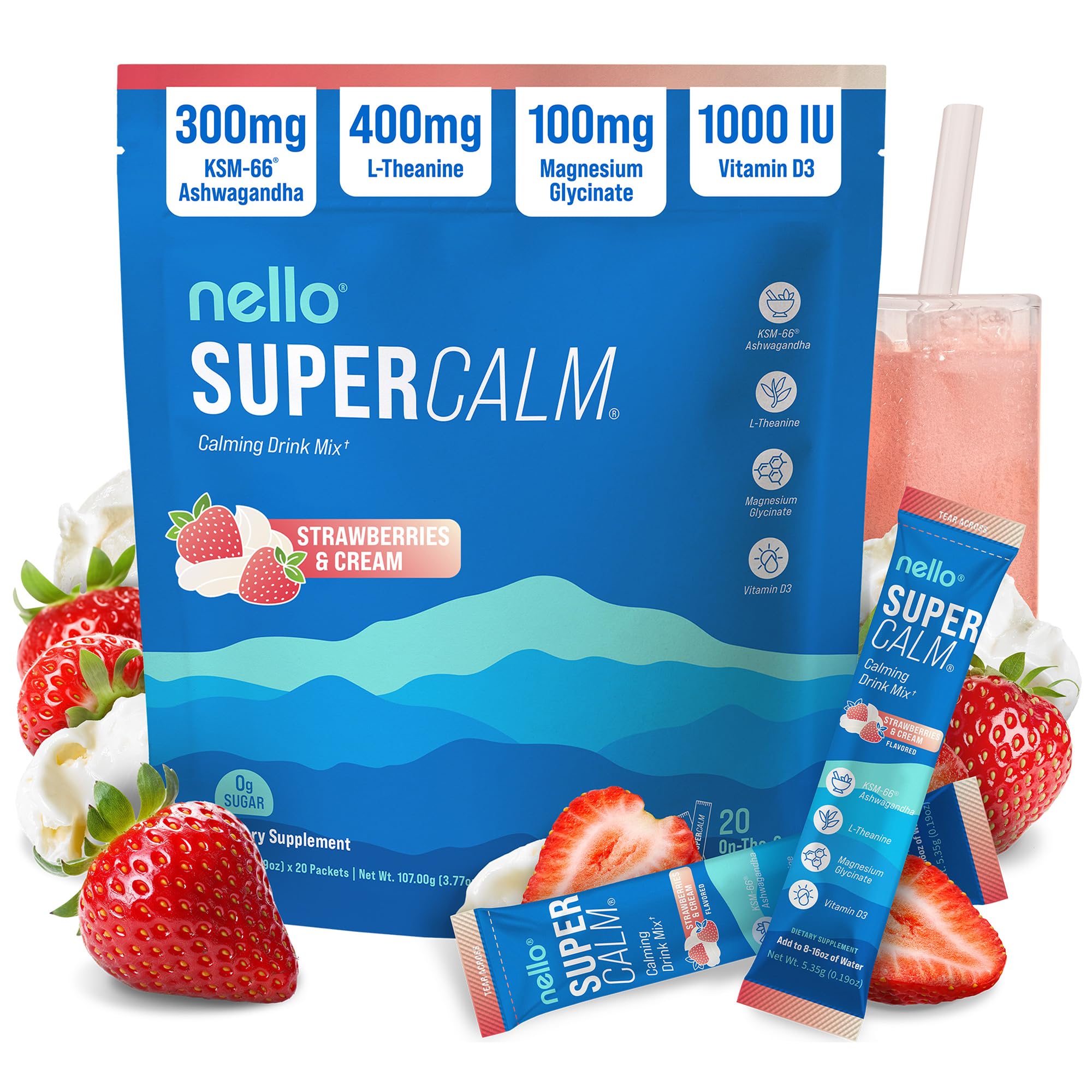Nello Supercalm Powdered Drink Mix, Cortisol Reducer and Sleep Aid Supplement, L Theanine, Ksm-66 Ashwagandha, Magnesium Glycinate, Vitamin D 3, No Sugar, Non GMO, On The Go, 20 Ct, Raspberry Lemonade