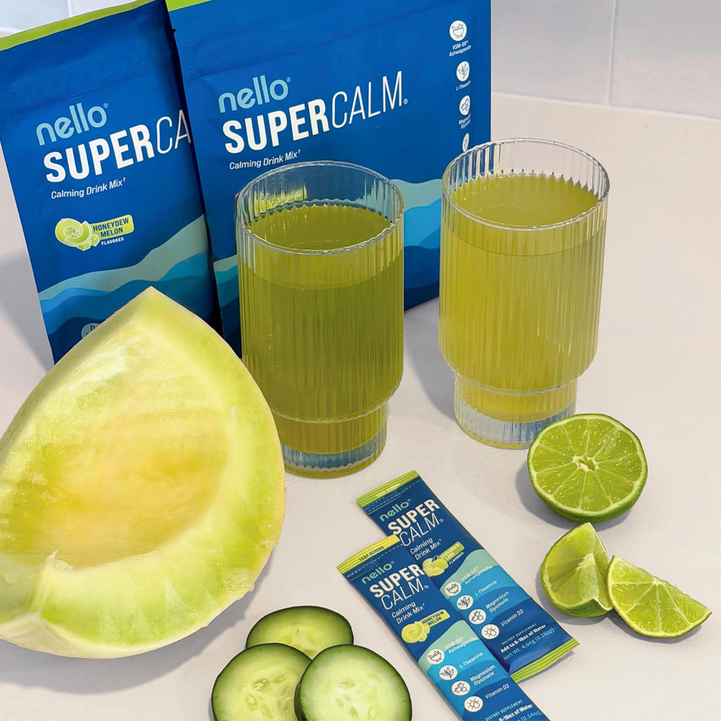 Nello Supercalm Powdered Drink Mix, Cortisol Reducer and Sleep Aid Supplement, L Theanine, Ksm-66 Ashwagandha, Magnesium Glycinate, Vitamin D 3, No Sugar, Non GMO, On The Go, 20 Ct, Raspberry Lemonade