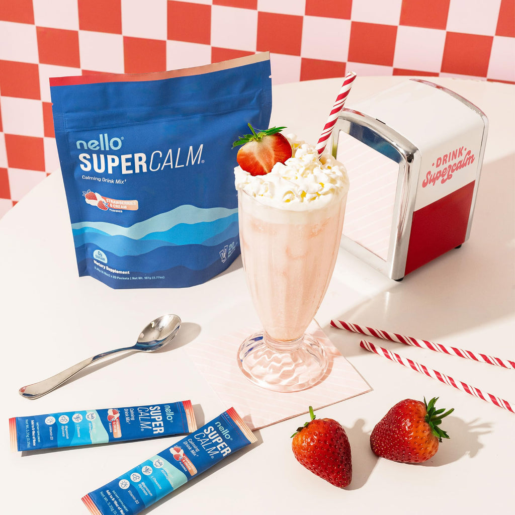 Nello Supercalm Powdered Drink Mix, Cortisol Reducer and Sleep Aid Supplement, L Theanine, Ksm-66 Ashwagandha, Magnesium Glycinate, Vitamin D 3, No Sugar, Non GMO, On The Go, 20 Ct, Raspberry Lemonade