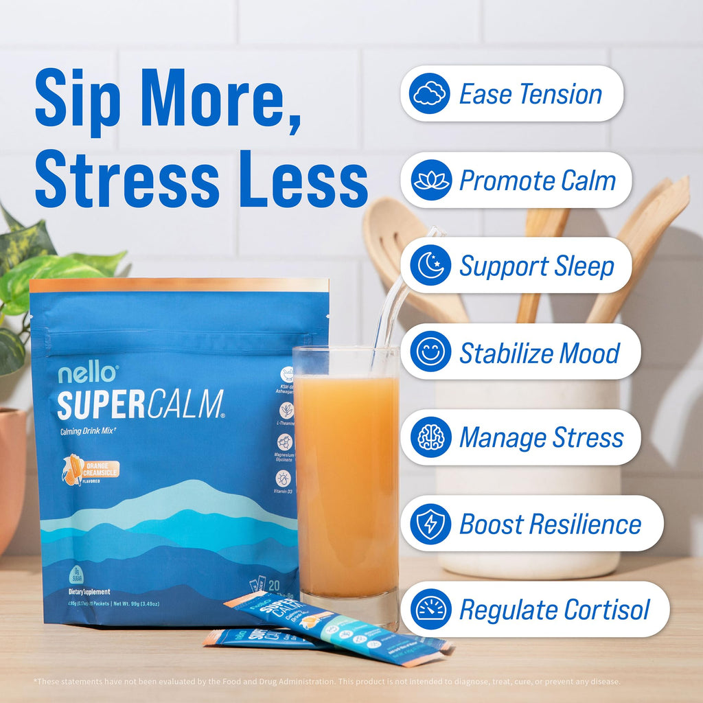 Nello Supercalm Powdered Drink Mix, Cortisol Reducer and Sleep Aid Supplement, L Theanine, Ksm-66 Ashwagandha, Magnesium Glycinate, Vitamin D 3, No Sugar, Non GMO, On The Go, 20 Ct, Raspberry Lemonade