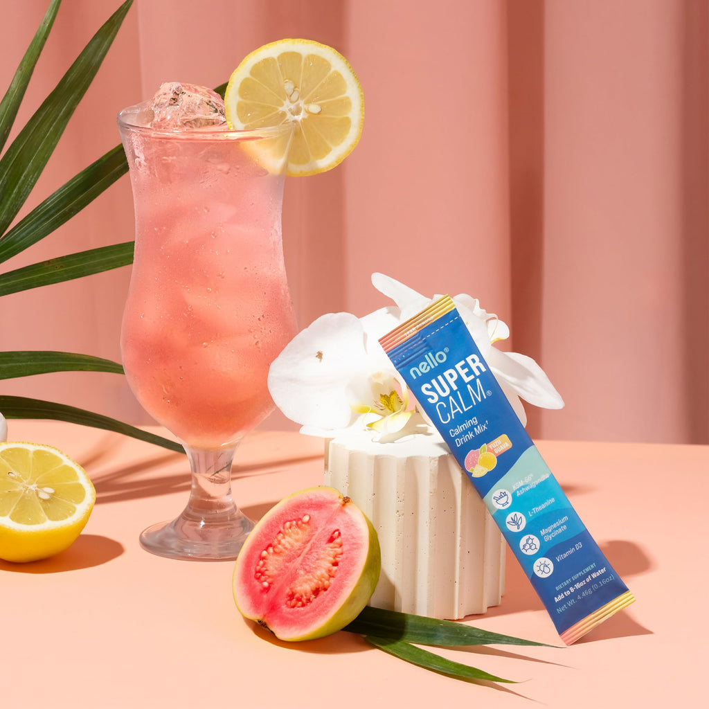 Nello Supercalm Powdered Drink Mix, Cortisol Reducer and Sleep Aid Supplement, L Theanine, Ksm-66 Ashwagandha, Magnesium Glycinate, Vitamin D 3, No Sugar, Non GMO, On The Go, 20 Ct, Raspberry Lemonade