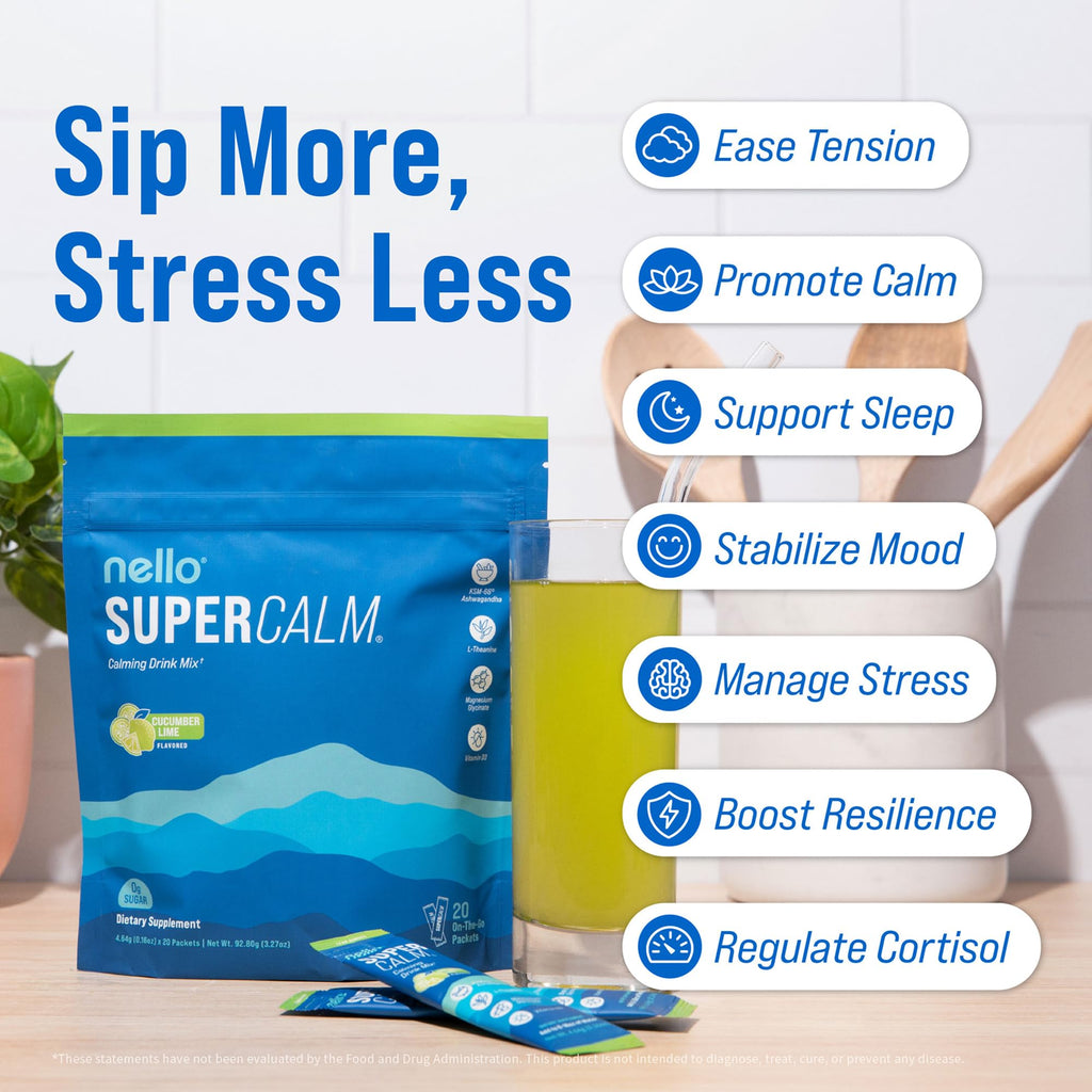 Nello Supercalm Powdered Drink Mix, Cortisol Reducer and Sleep Aid Supplement, L Theanine, Ksm-66 Ashwagandha, Magnesium Glycinate, Vitamin D 3, No Sugar, Non GMO, On The Go, 20 Ct, Raspberry Lemonade