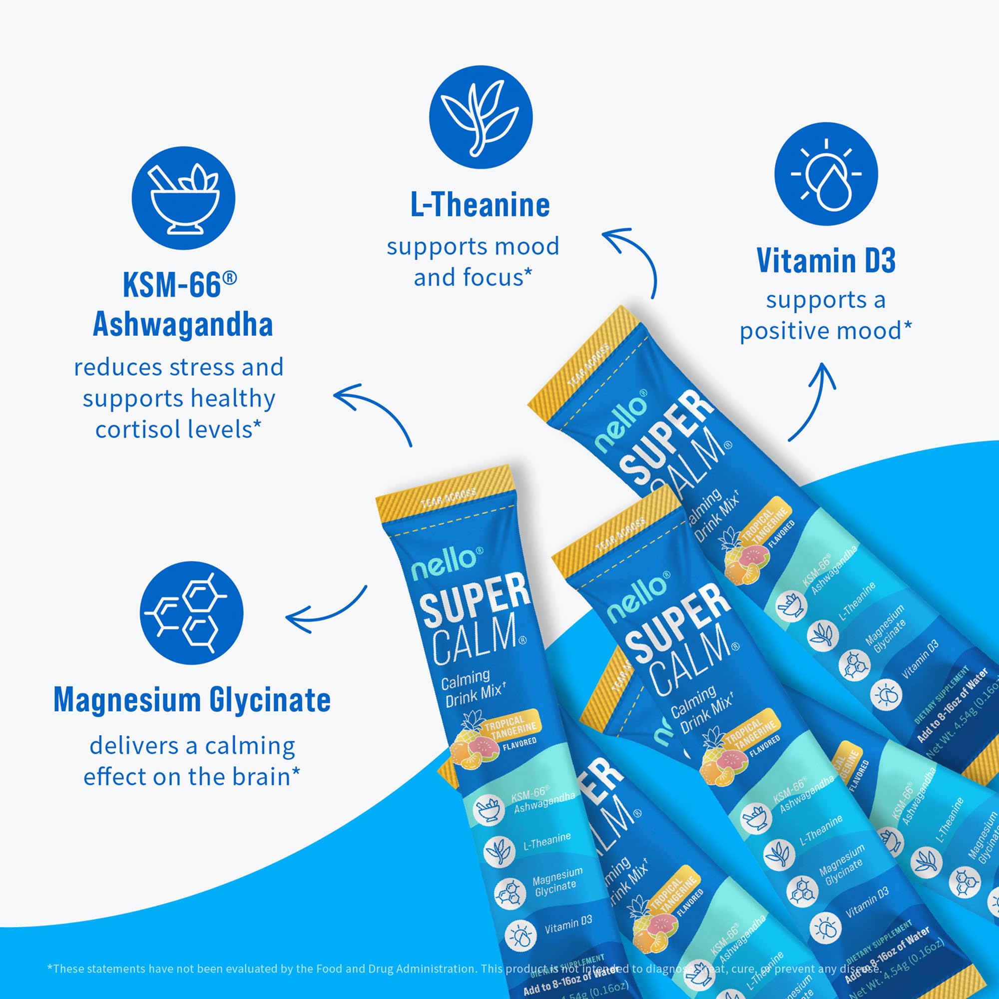 Nello Supercalm Powdered Drink Mix, Cortisol Reducer and Sleep Aid Supplement, L Theanine, Ksm-66 Ashwagandha, Magnesium Glycinate, Vitamin D 3, No Sugar, Non GMO, On The Go, 20 Ct, Raspberry Lemonade