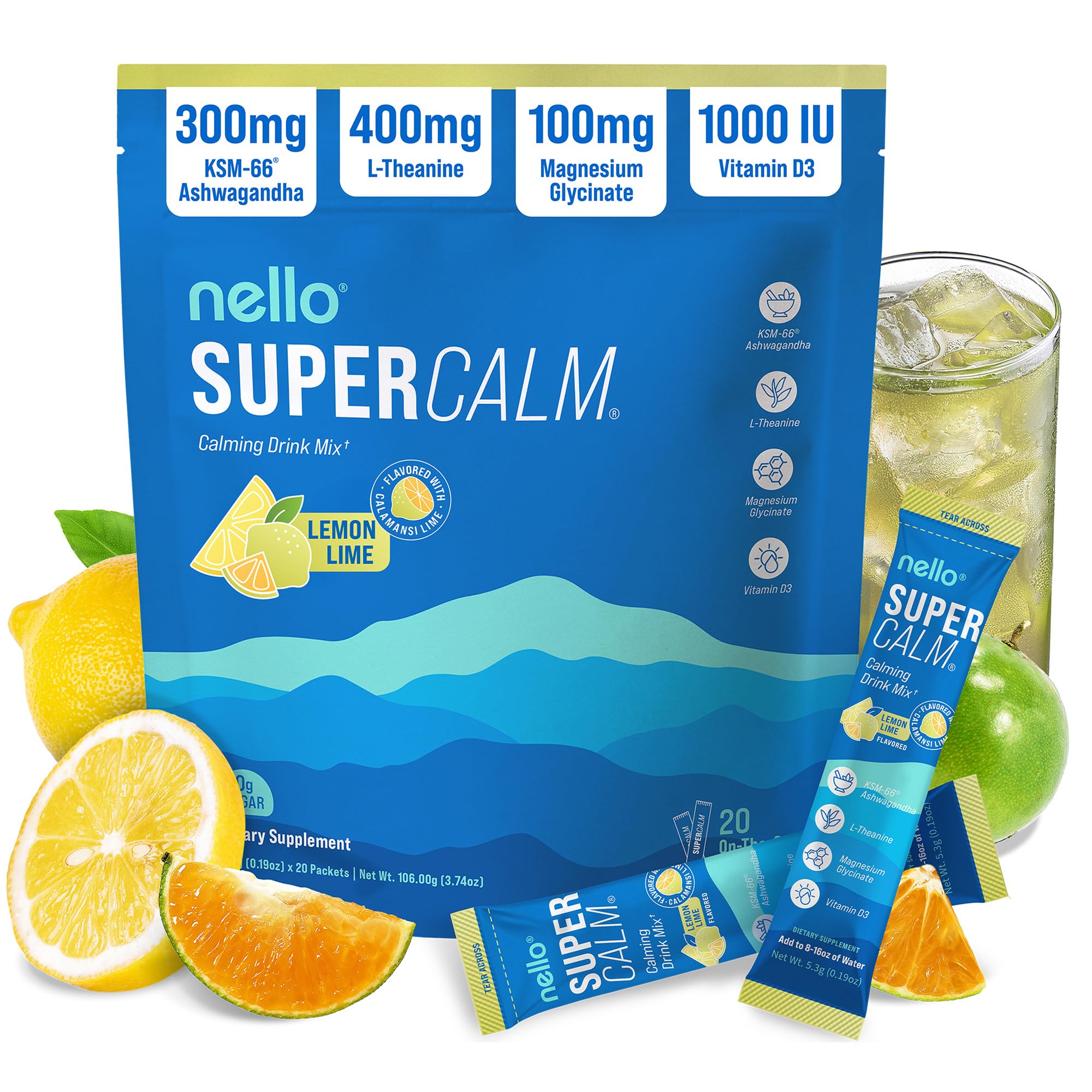 Nello Supercalm Powdered Drink Mix, Cortisol Reducer and Sleep Aid Supplement, L Theanine, Ksm-66 Ashwagandha, Magnesium Glycinate, Vitamin D 3, No Sugar, Non GMO, On The Go, 20 Ct, Raspberry Lemonade